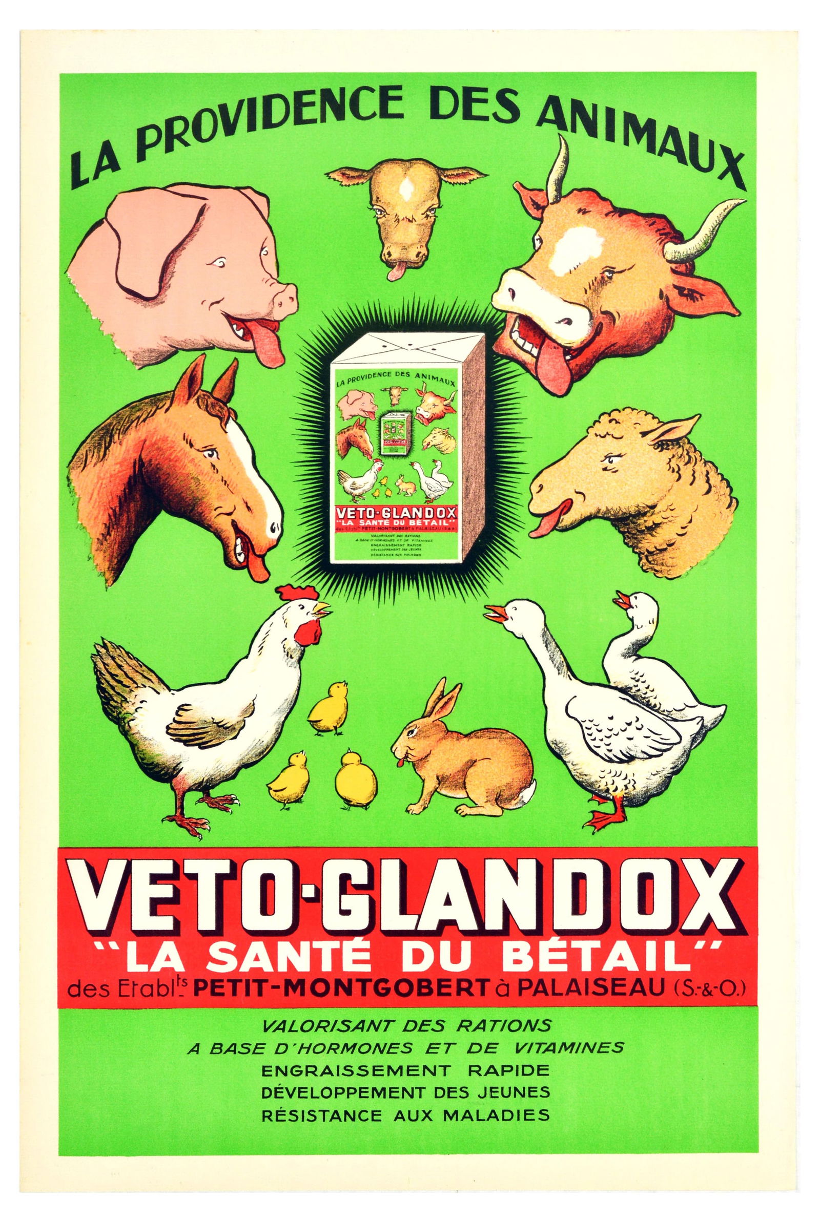 Advertising Poster Veto Glandox Animal Welfare Farm Livestock Health Vitamin: Original vintage advertising poster for Veto-Glandox vitamins for livestock, the poster features various farm animals - cow, sheep, geese, rabbit, chicken, horse, and a pig looking at a package of the