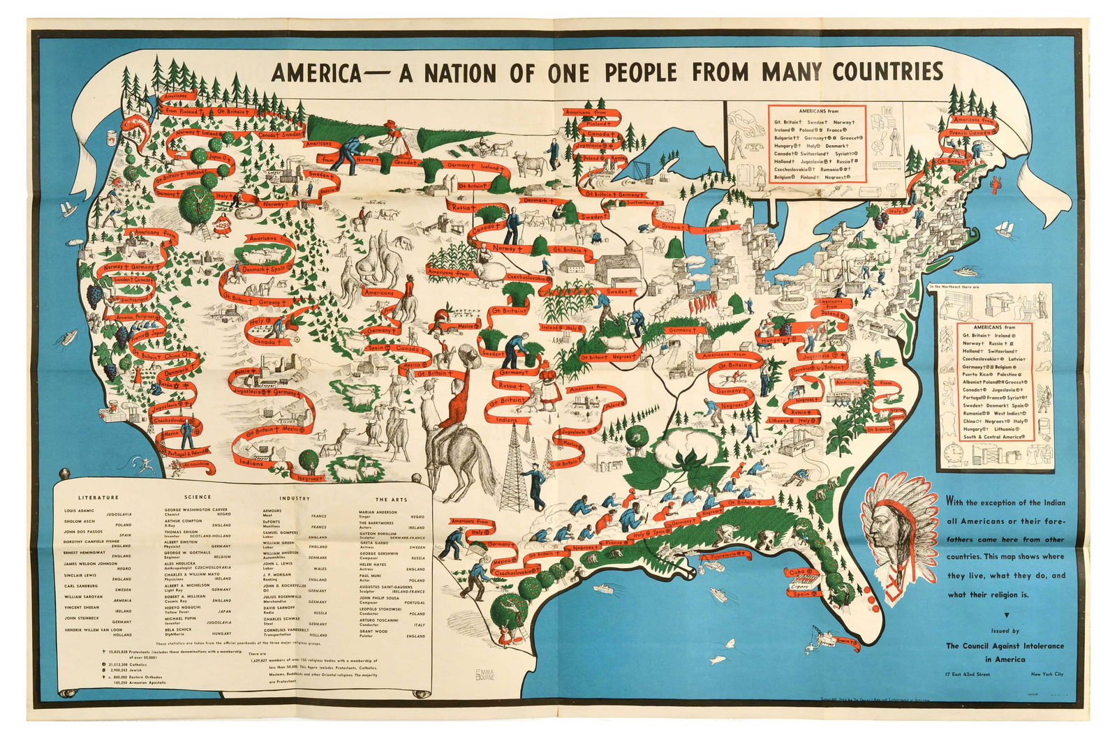 Advertising Poster America Nation Of One People Map WWII (1 of 1)