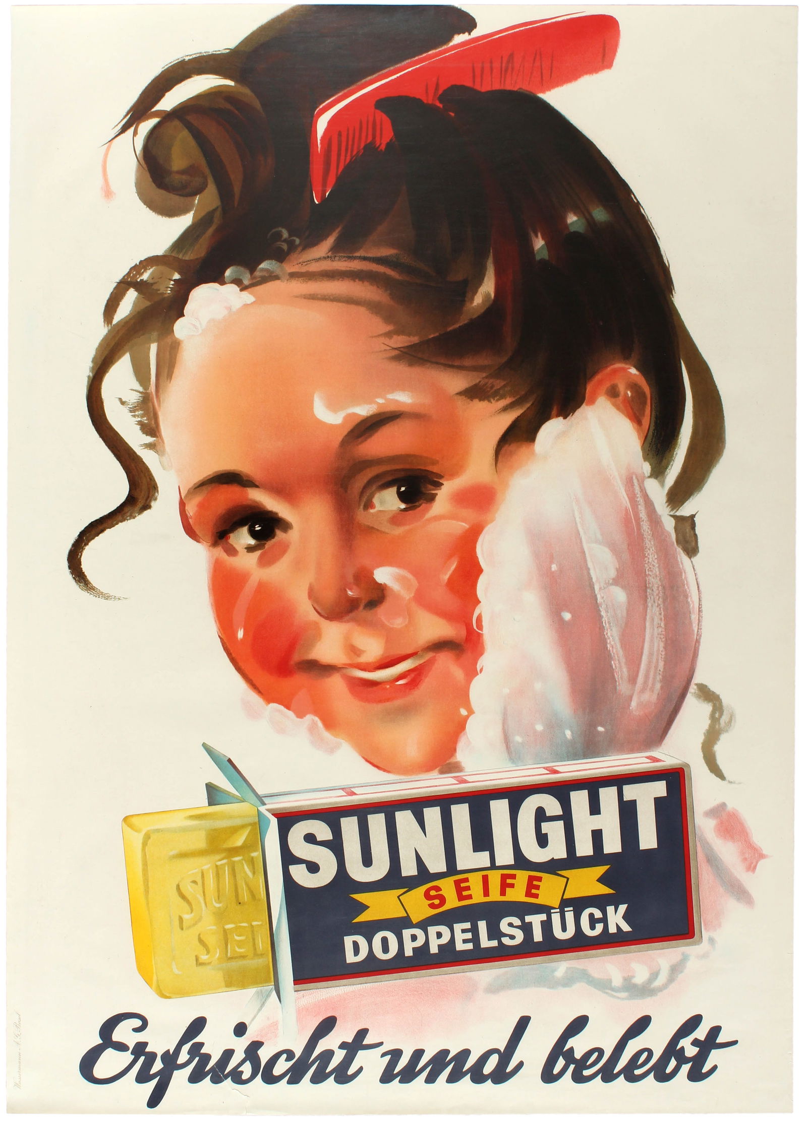 Advertising Poster Sunlight Soap Switzerland: Advertising Poster Sunlight Soap Switzerland. Original vintage Swiss advertising poster for Sunlight soap with a smiling girl washing her face. Sunlight is a brand of household soap introduced by the