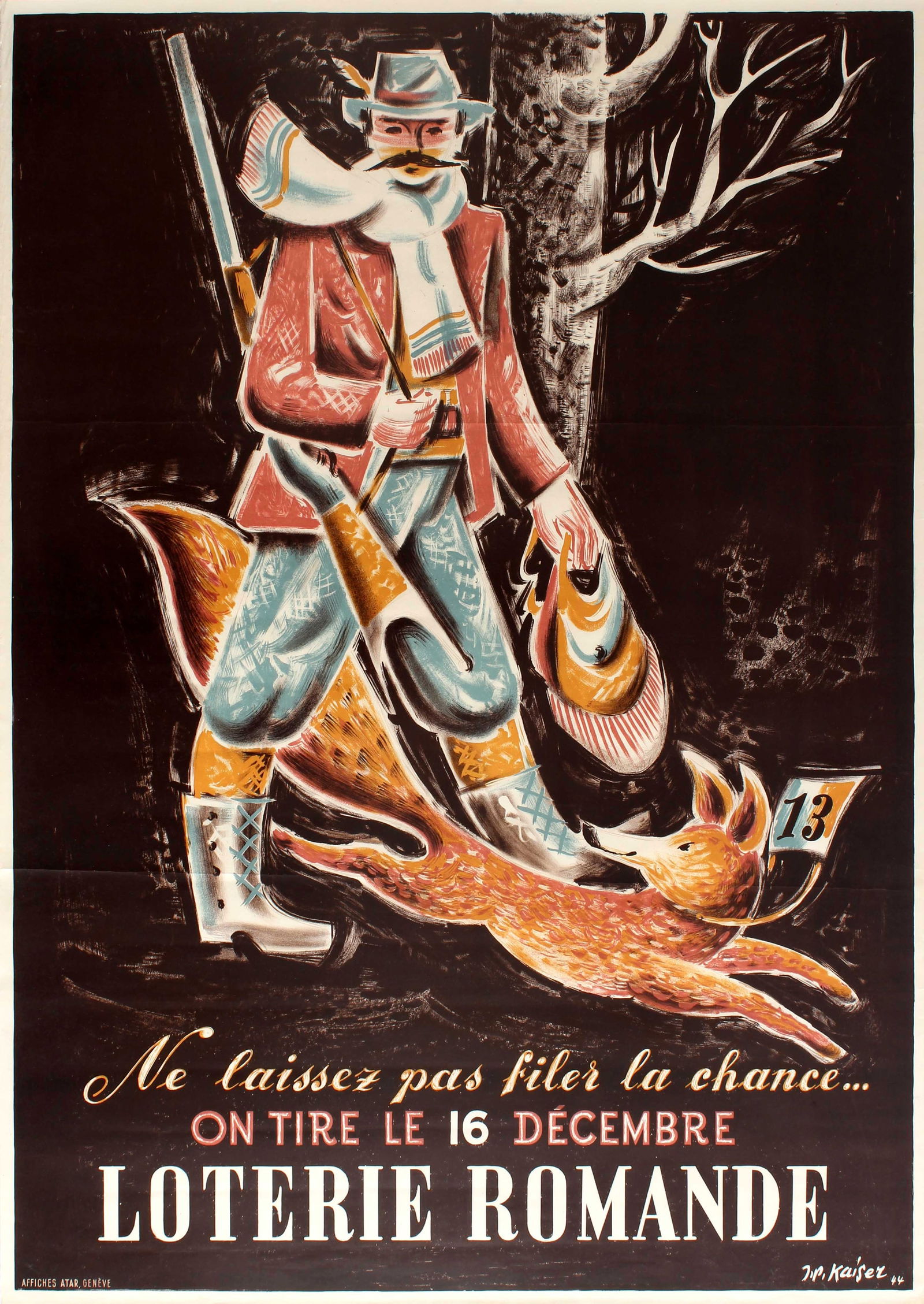 Swiss Lottery Poster Romande Hunter And Fox Switzerland Hunting: Advertising Poster Romande Lottery Hunter And Fox Switzerland hunting. Original vintage advertising poster for the Romande Lottery on 16 December Don't Miss Your Chance / Ne laissez pas filer la chanc