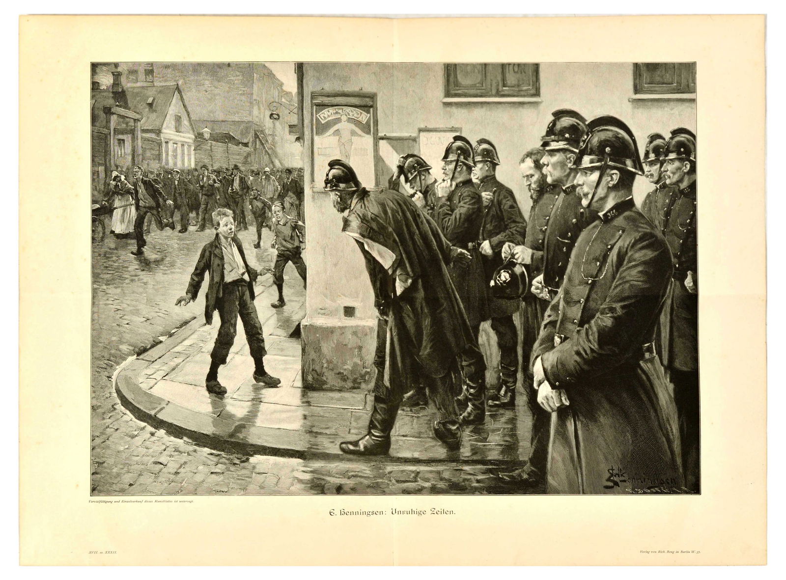Lithograph Print Demonstration Police Troubled Times Erik Henningense: Original antique lithograph print titled Unruhige Zeiten / Troubled Times - Artwork by Erik Henningense (1855-1930) features a group of policemen in long coats and helmets lining up on a road with a d