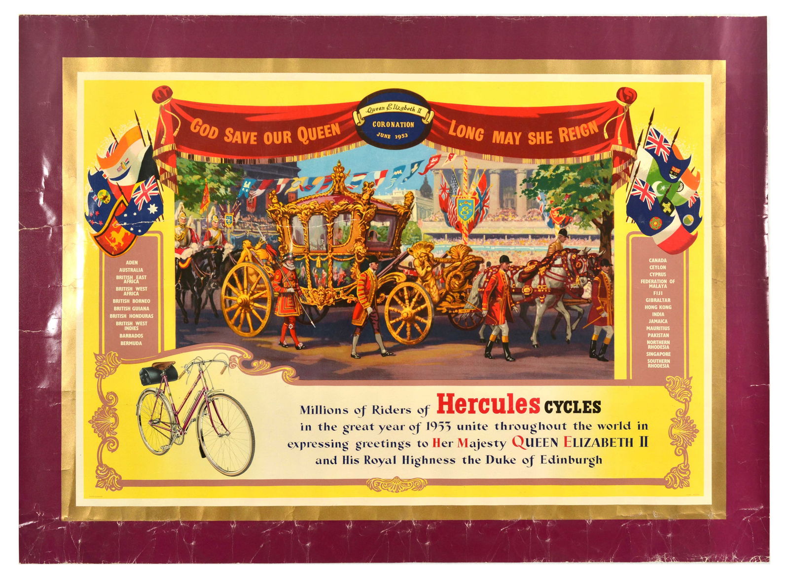 Advertising Poster Hercules Cycles Queen Elizabeth Coronation 1953 (1 of 1)