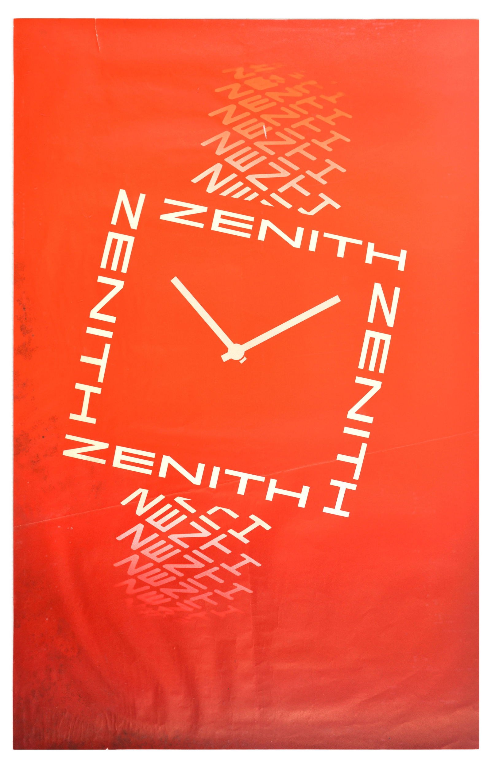 Advertising Poster Zenith Watch Prack Fredy Swiss Wristwatch: Advertising Poster Zenith Watch Luxury Swiss Wristwatch. Original vintage advertising poster for Zenith, featuring an illustration of a watch made out of Zenith word in white pattern set over red back