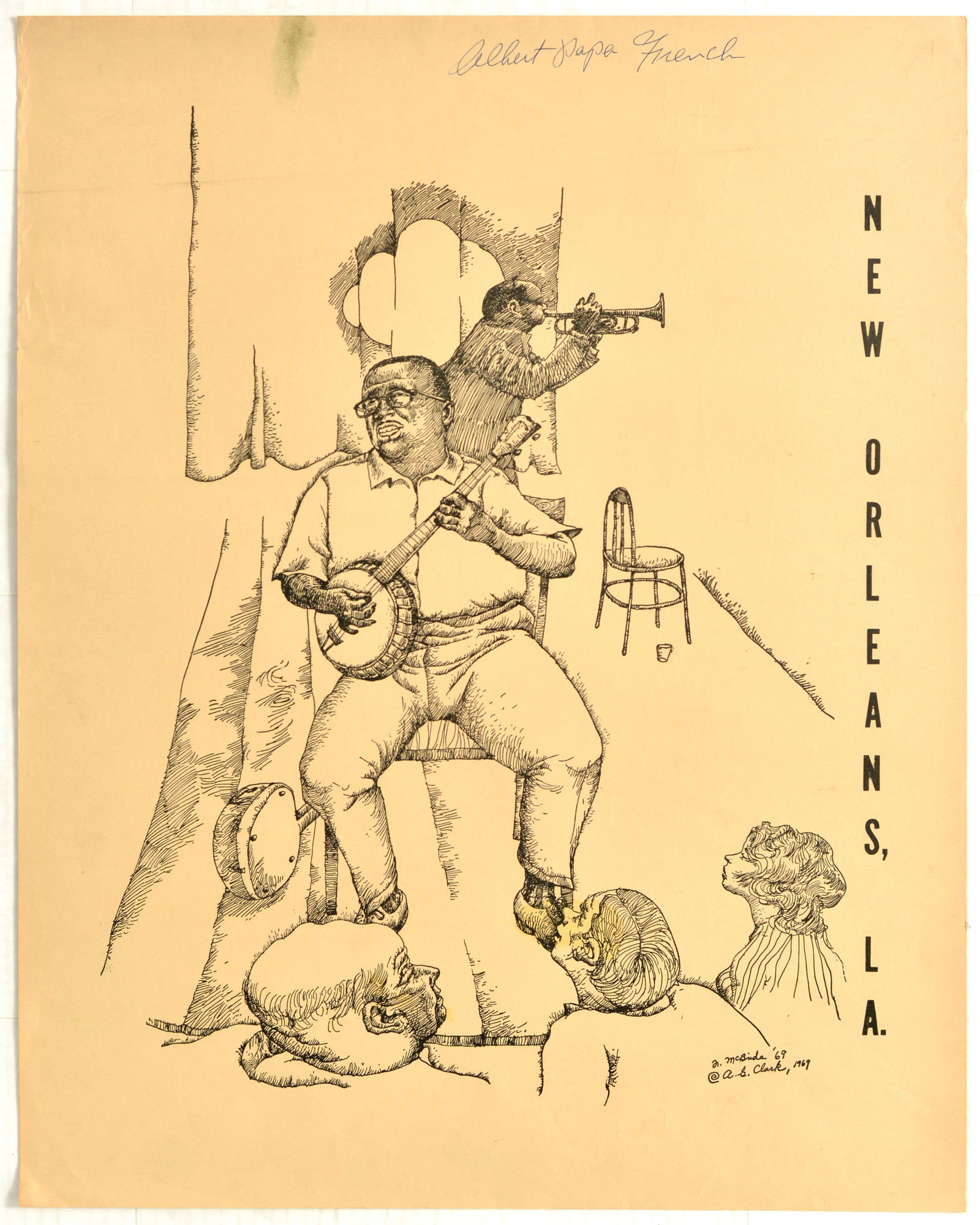 Advertising Poster New Orleans Dixieland Hall Papa French Jazz McBride: Original vintage advertising poster titiled 'New Orleans, LA', with an etching artwork illustrating a scene from a jazz bar or parlour. The drawing is of Albert 'Papa' French (1910-1977), an American