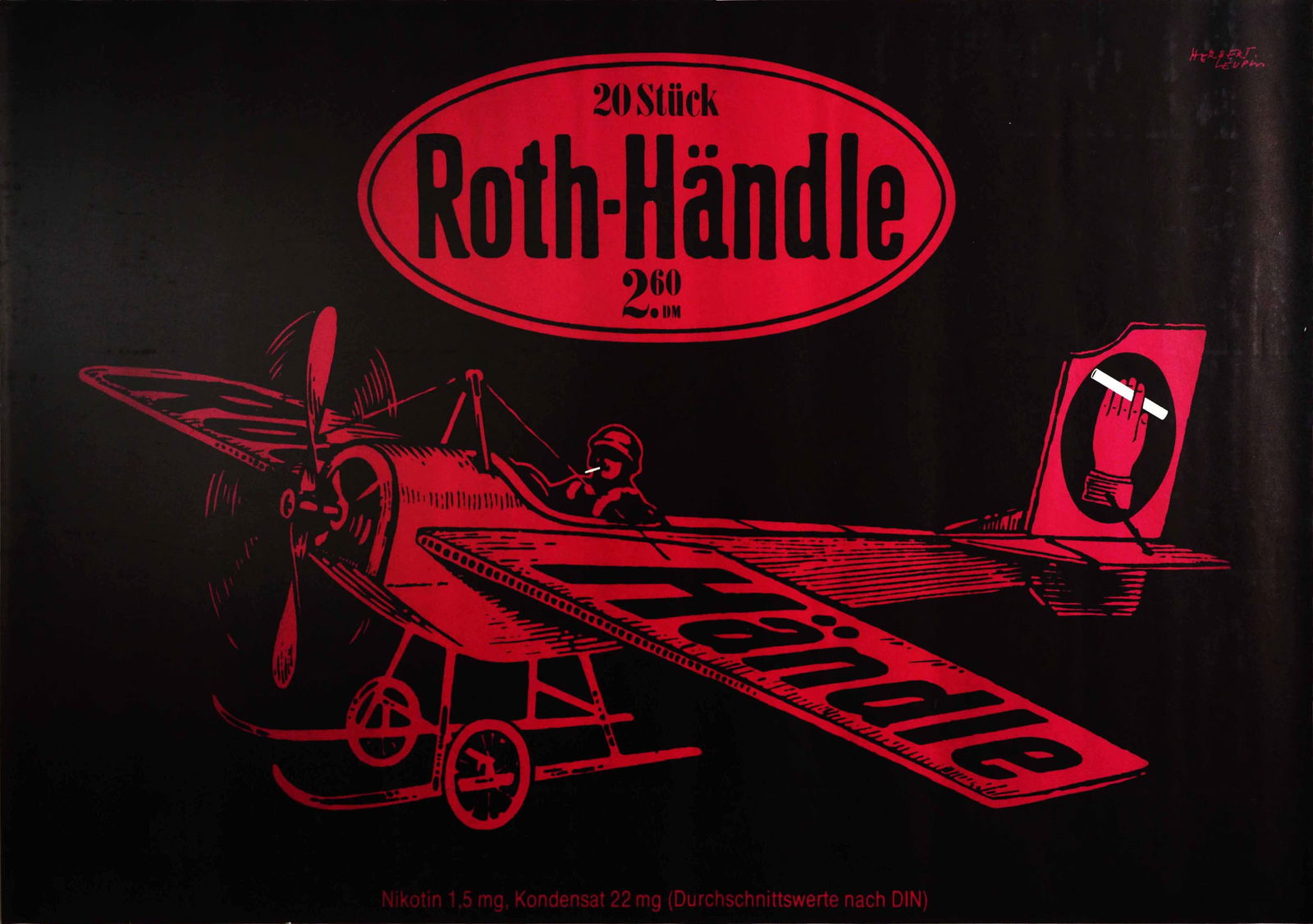 Steampunk Poster Roth Handle Tobacco Cigarettes BiPlane Herbert Leupin: Steampunk Poster Roth Handle Tobacco Cigarettes Plane Herbert Leupin. Original vintage advertising poster for Roth-Handle cigarettes featuring a red and black illustration of a pilot smoking a