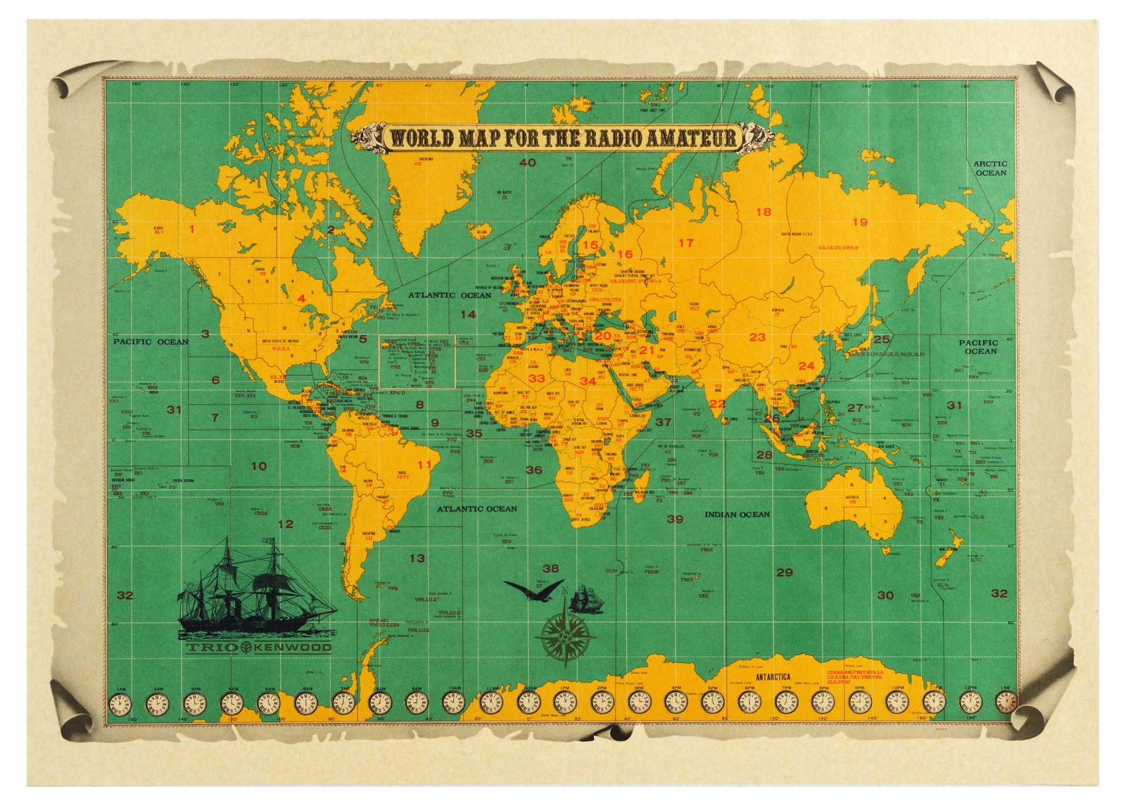 Advertising Poster World Map Radio Amateur Kenwood Ham: Original vintage advertising poster published by the Kenwood Coproration for radio enthusiasts displaying world map with time zones, political boundaries, different radio frequencies and codes.