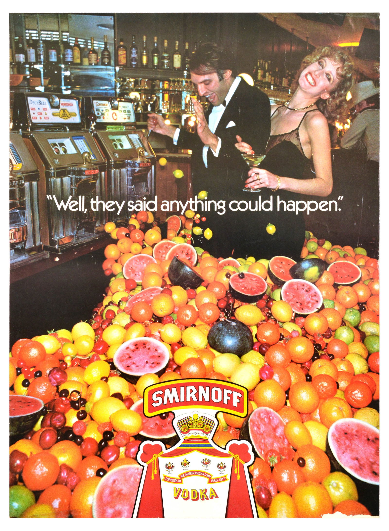 Advertising Poster Smirnoff Vodka Casino Jackpot Slot Machine Fruit Alcohol: Original vintage drink advertising poster for Smirnoff, the renowned vodka brand founded in Moscow. Smirnoff uses a humorous advertising slogan - "Well, they said anything could happen" The