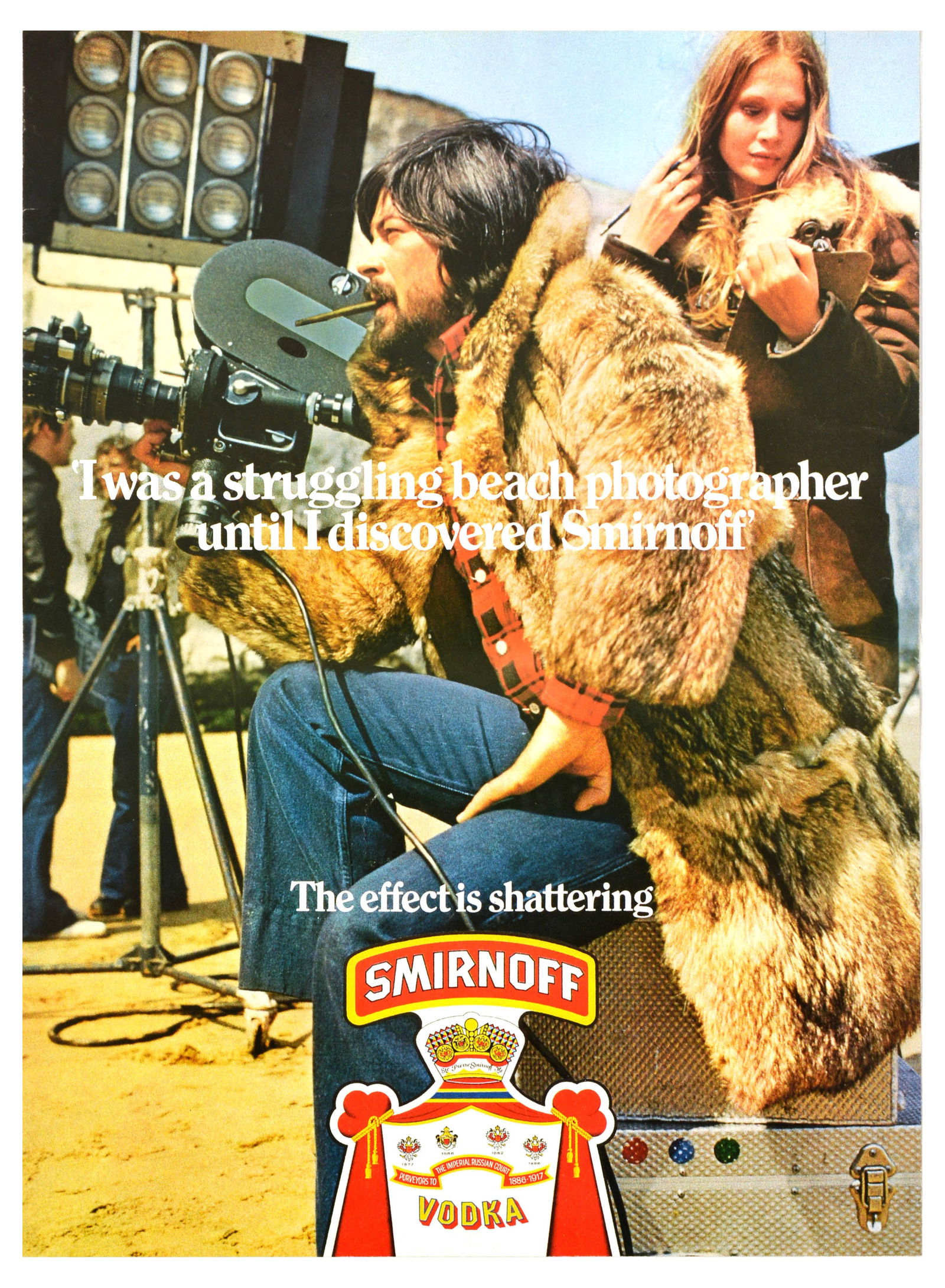 Advertising Poster Smirnoff Vodka Beach Struggling Photographer Alcohol: Original vintage drink advertising poster for Smirnoff, the renowned vodka brand founded in Moscow. Smirnoff uses a humorous advertising slogan here - "I was a struggling beach photographer until I