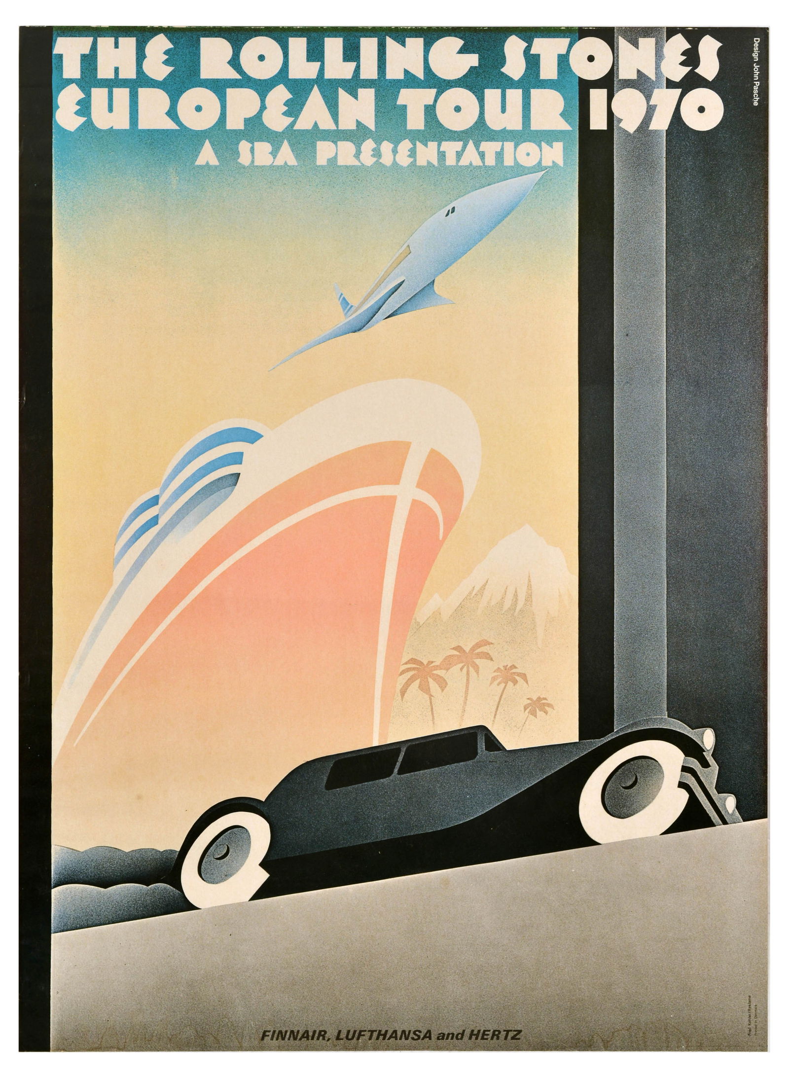 Advertising Poster Rolling Stones European Tour 1970 Toy Car: Original vintage music concert poster and a promotional plastic car supplied with the poster promoting the English rock band The Rolling Stones European Tour 1970 featuring a stunning Art Deco style