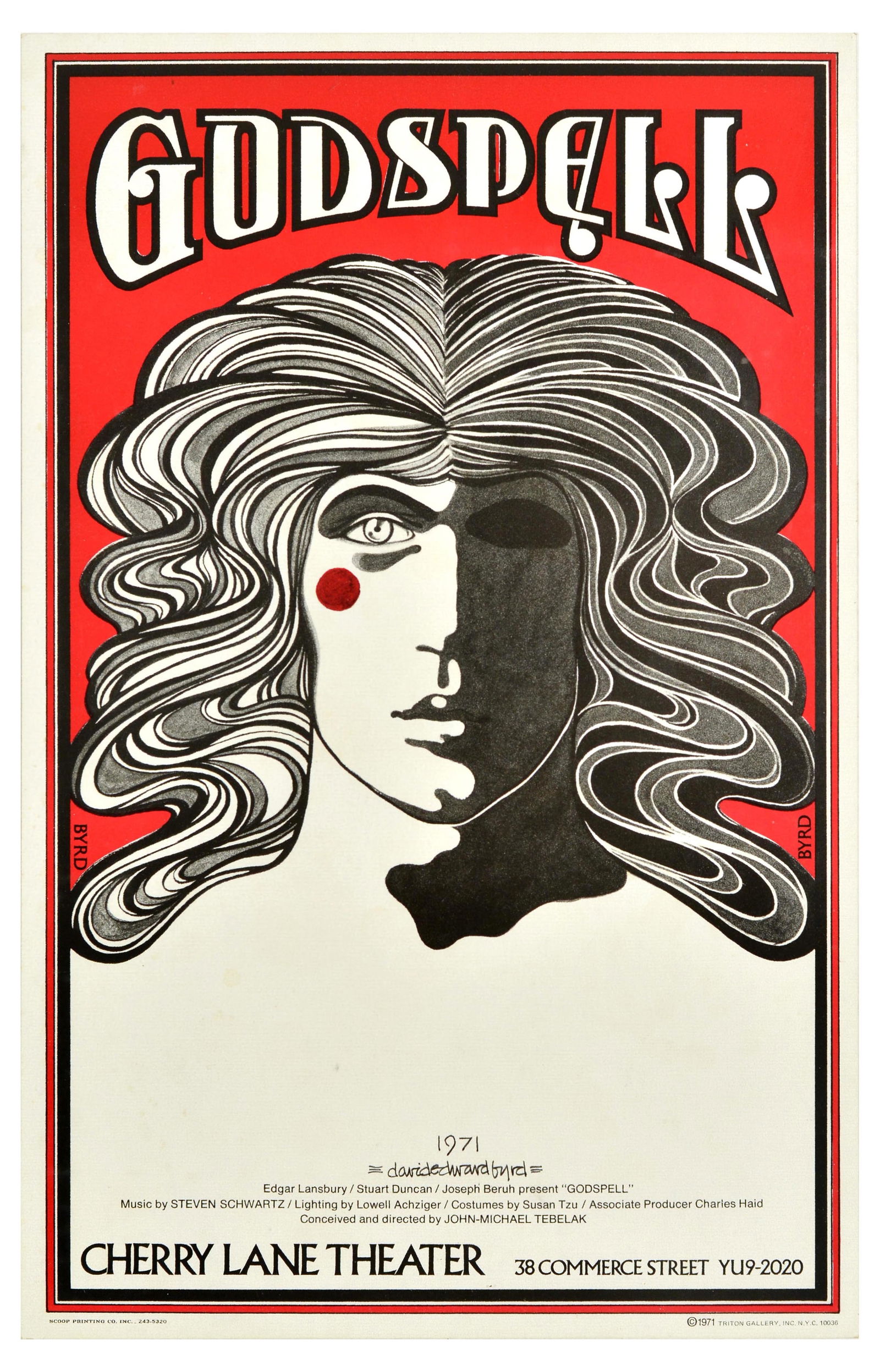 Advertising Poster Godspell David Edward Byrd Psychedelic Hand Signed: Original vintage advertising poster hand signed and dated in pen by the artist for Godspell Broadway musical, composed by Stephen Schwartz with the book by John-Michael Tebelak, featuring a