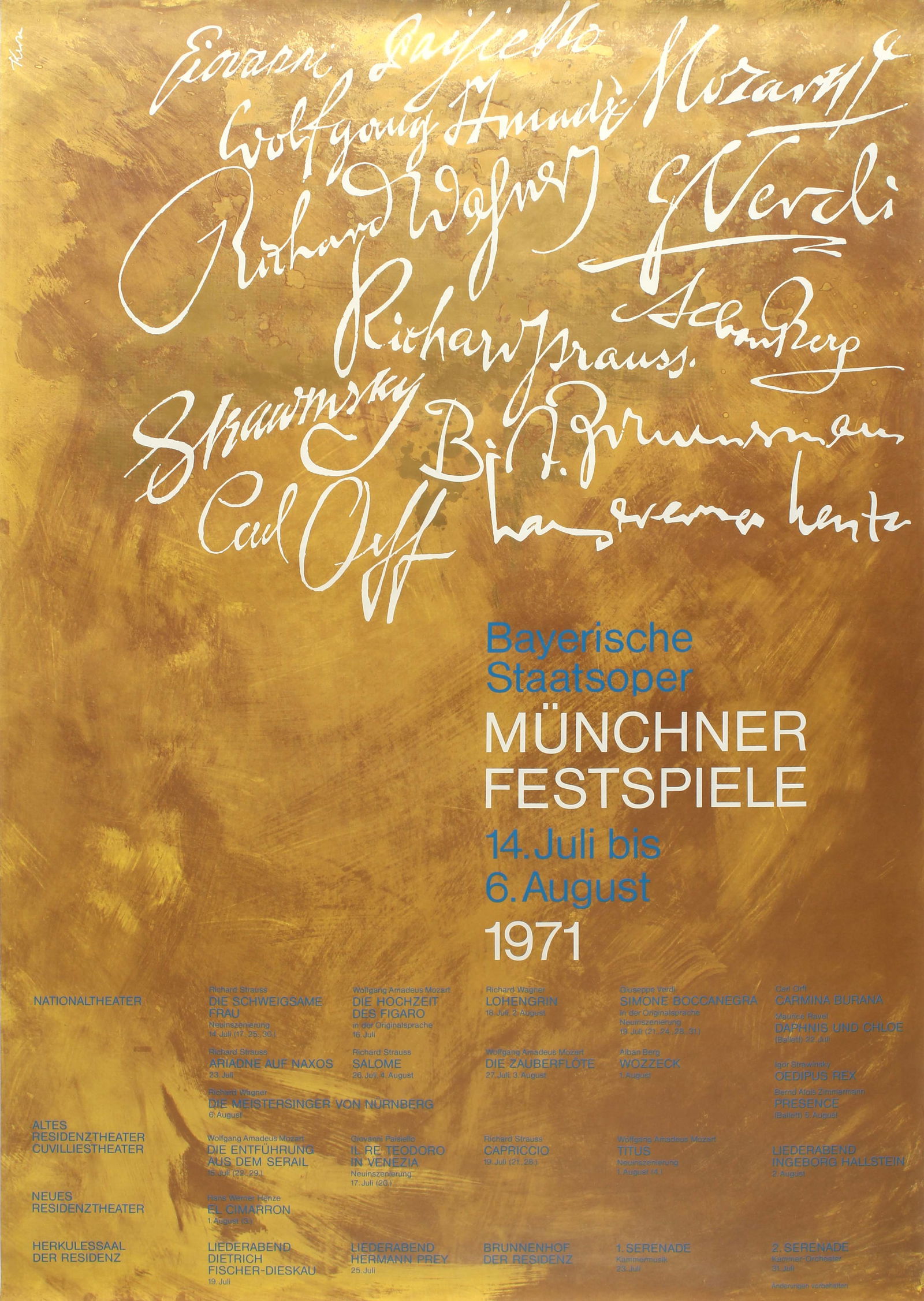 Munich Opera Festival Poster Munich Festival Bayerische Staatsoper Muncher Festspiele: Original vintage advertising poster for the annual Munich Opera Festival organised by the Bavarian State Opera and held from 14 July to 6 August 1971 / Bayerische Staatsoper - Muncher Festspiele.