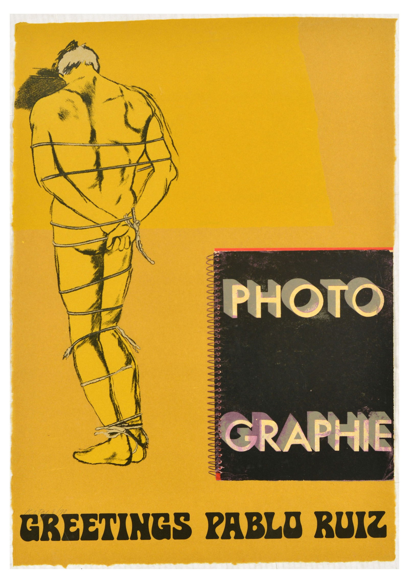 Original Artist Art Print Kitaj Homage to Picasso Greetings Pablo Ruiz: Original vintage limited edition artist signed and numbered art lithograph print Greetings Pablo Ruiz - Artwork by R.B. Kitaj 1932?2007 features a nude man tied up with his hands behind his back on a