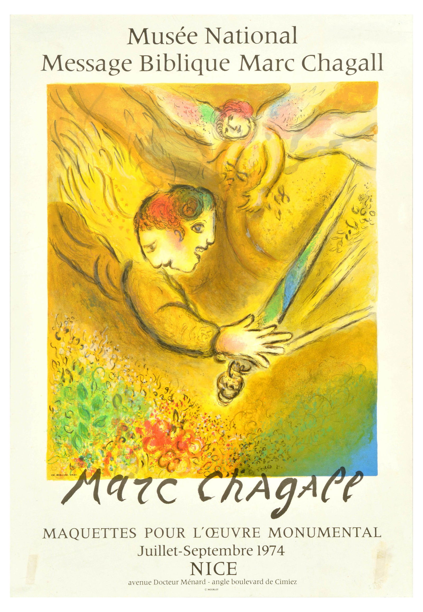 Advertising Poster Marc Chagall Art Exhibition Nice: Original vintage advertising poster for Marc Chagall art exhibition at the Musee National Message Biblique Marc Chagall National Museum Maquettes Pour l'Oeuvre Monumental in July-September 1974