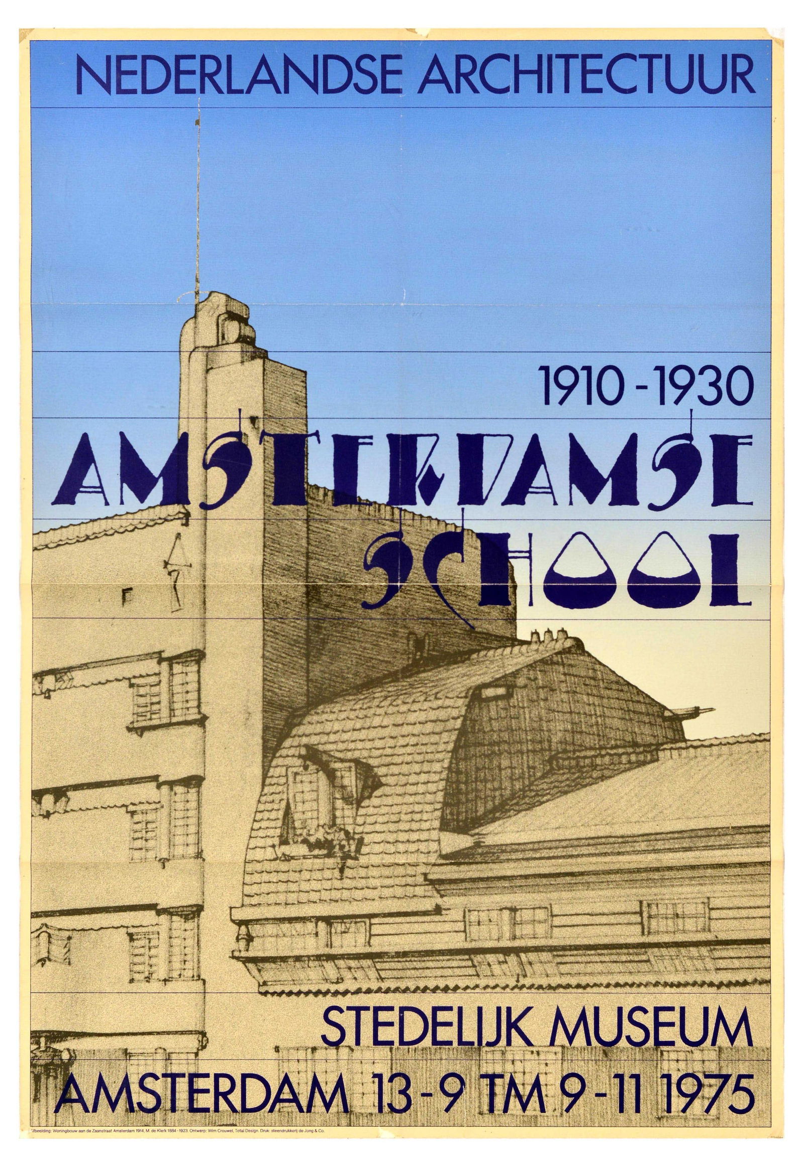 Architecture Poster Set Amsterdam School Dutch Berlage Stedelijk Museum: Set of 2 original vintage Dutch architecture exhibition advertising posters. 1. 1910-1930 Amsterdam School at the Stedelijk Museum in Amsterdam from 13 September to 9 November 1975 featuring an
