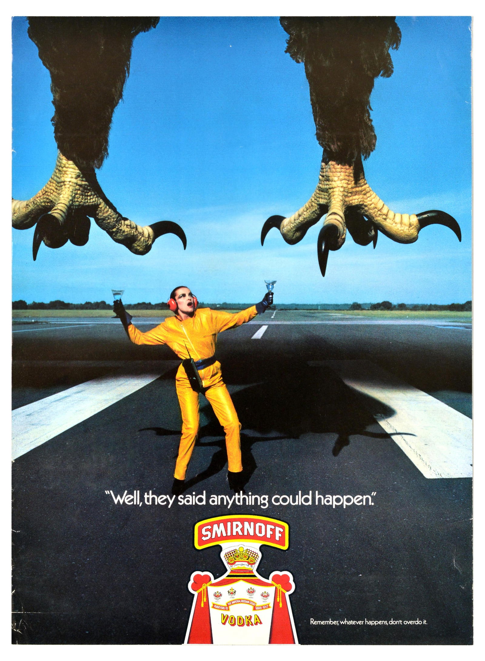 Advertising Poster Smirnoff Vodka Martin Cerulli Giant Bird Landing Alcohol: Original vintage drink advertising poster for Smirnoff, the renowned vodka brand founded in Moscow. Smirnoff uses a humorous advertising slogan - "Well, they said anything could happen. Remember, what
