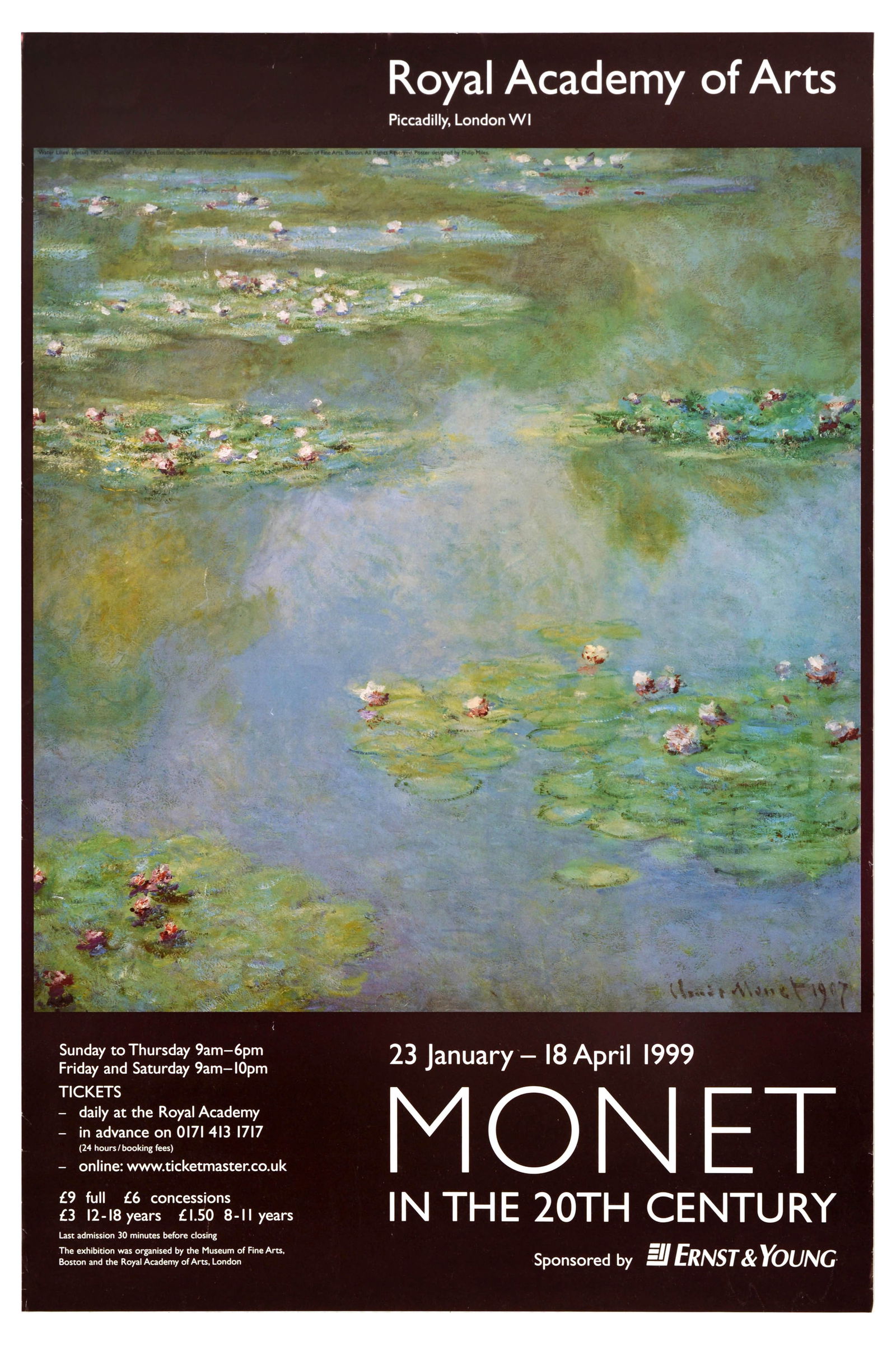 Advertising Poster Claude Monet 20th Century Royal Academy: Original vintage advertising poster for art exhibition titled Monet in the 20th Century which took place at the Royal Academy of Arts in Picadilly, London from 23 January - 18 April 1999 - Artwork by