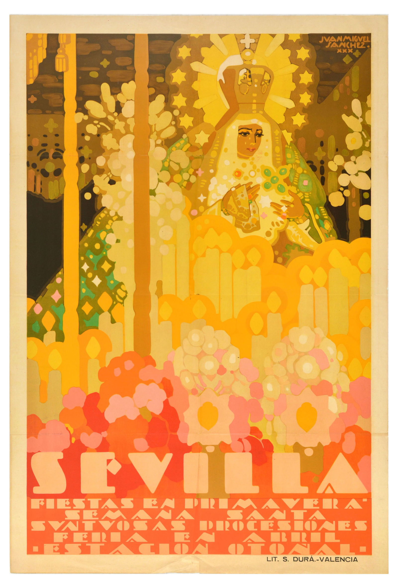 Travel Poster Seville Spring Fair Holy Week Spain Semana Santa: Original vintage Spanish travel poster promoting Seville?s Spring Festivals - Holy Week / Semana Santa and the Seville Fair / Feria de Abril. Designed by Juan Miguel Sanchez, it depicts a religious fi