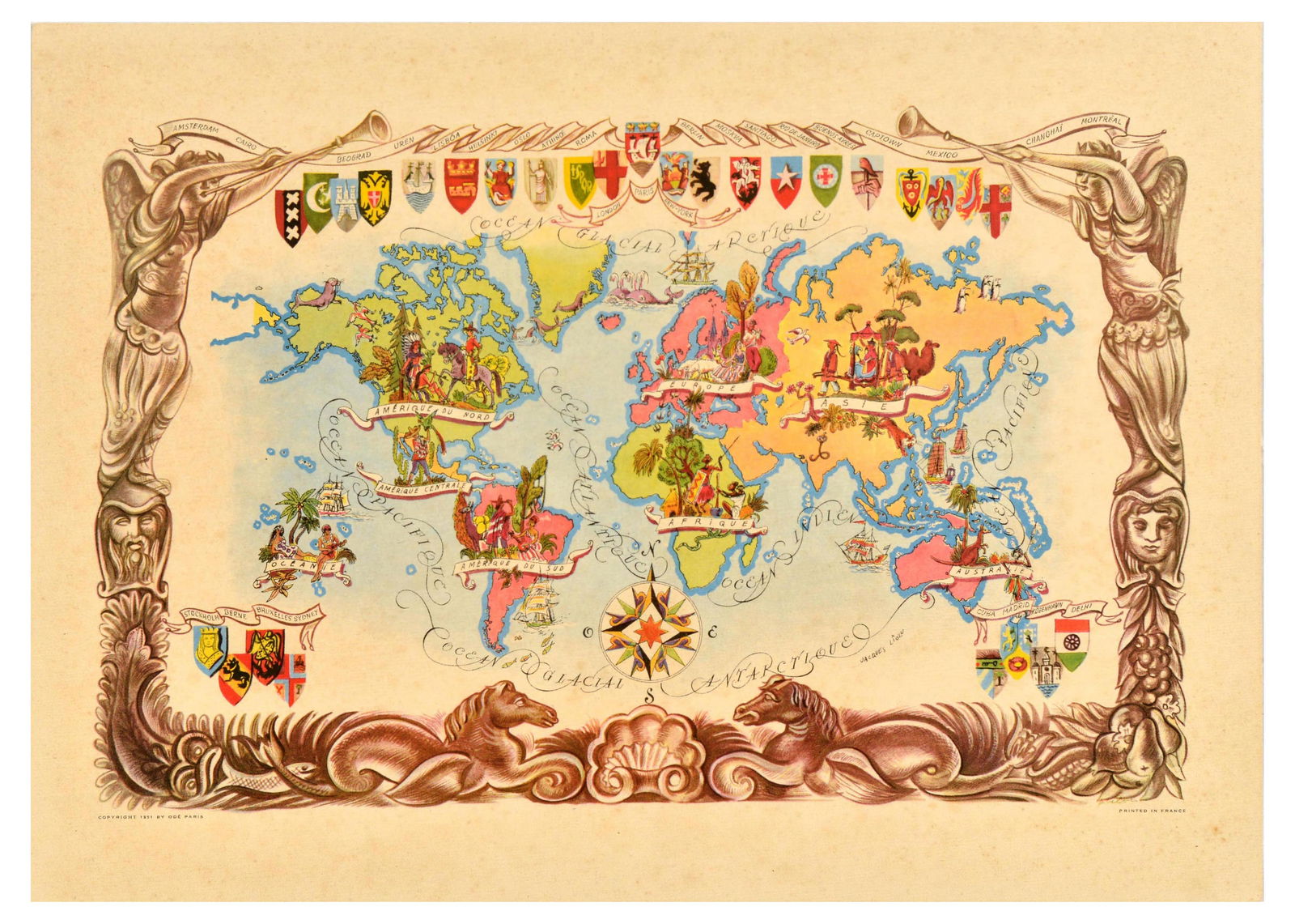 Travel Poster Continents Illustrated Map Jacques Liozu: Original vintage pictorial global map poster by French cartographer, painter, and illustrator Jacques Liozu (1910-1974) - Design features a world map with illustrations of people, animals plants and c