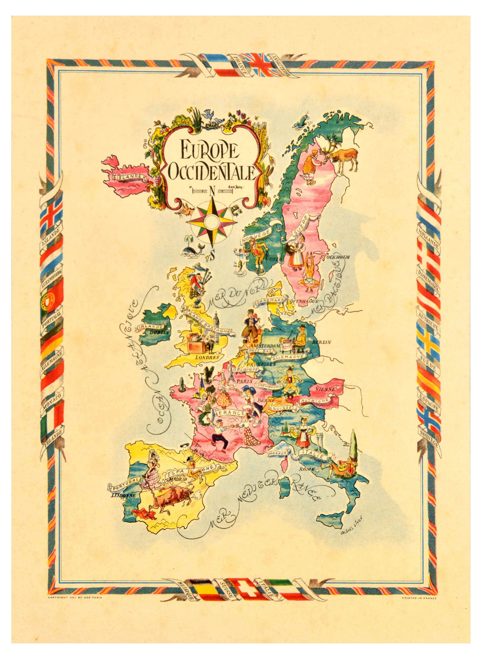 Travel Poster Western Europe Occidentale Illustrated Map Jacques Liozu (1 of 1)