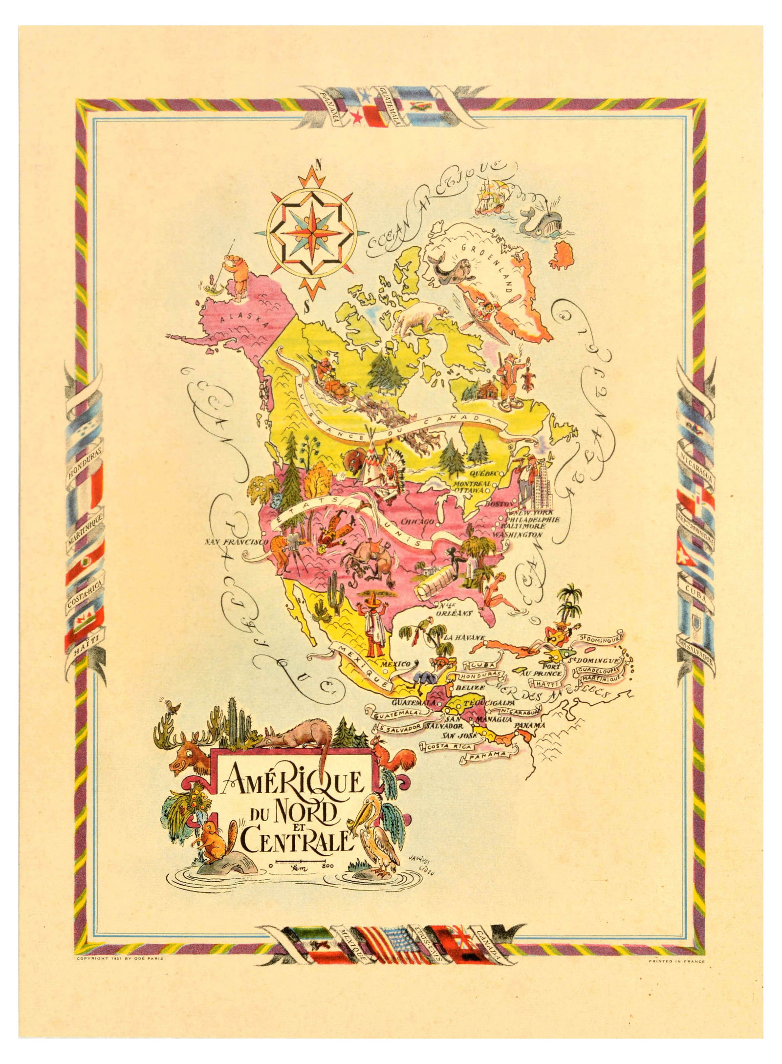 Travel Poster North Central America Illustrated Map Jacques Liozu (1 of 1)