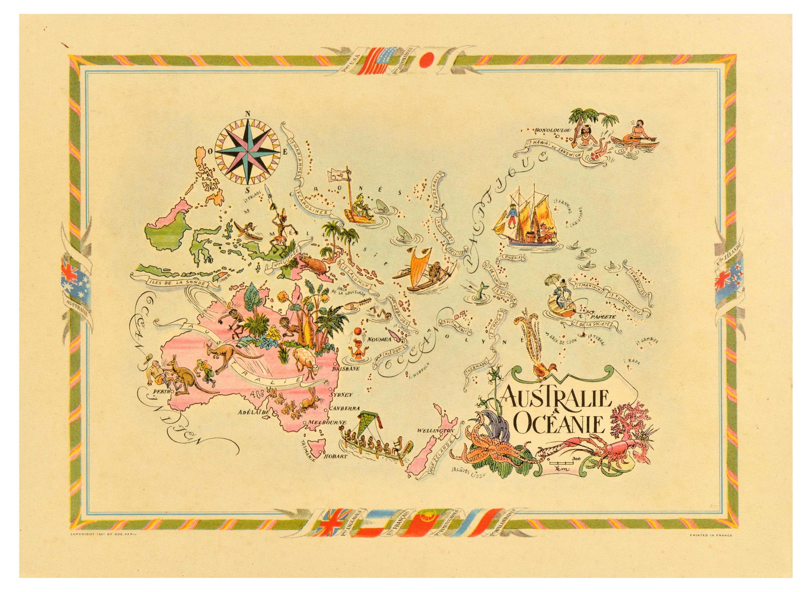 Travel Poster Australia Oceania Illustrated Map Jacques Liozu: Original vintage pictorial map poster by French cartographer, painter, and illustrator Jacques Liozu (1910-1974) - Design features a map of Australia and Oceania / Australie & Oceanie with illustratio