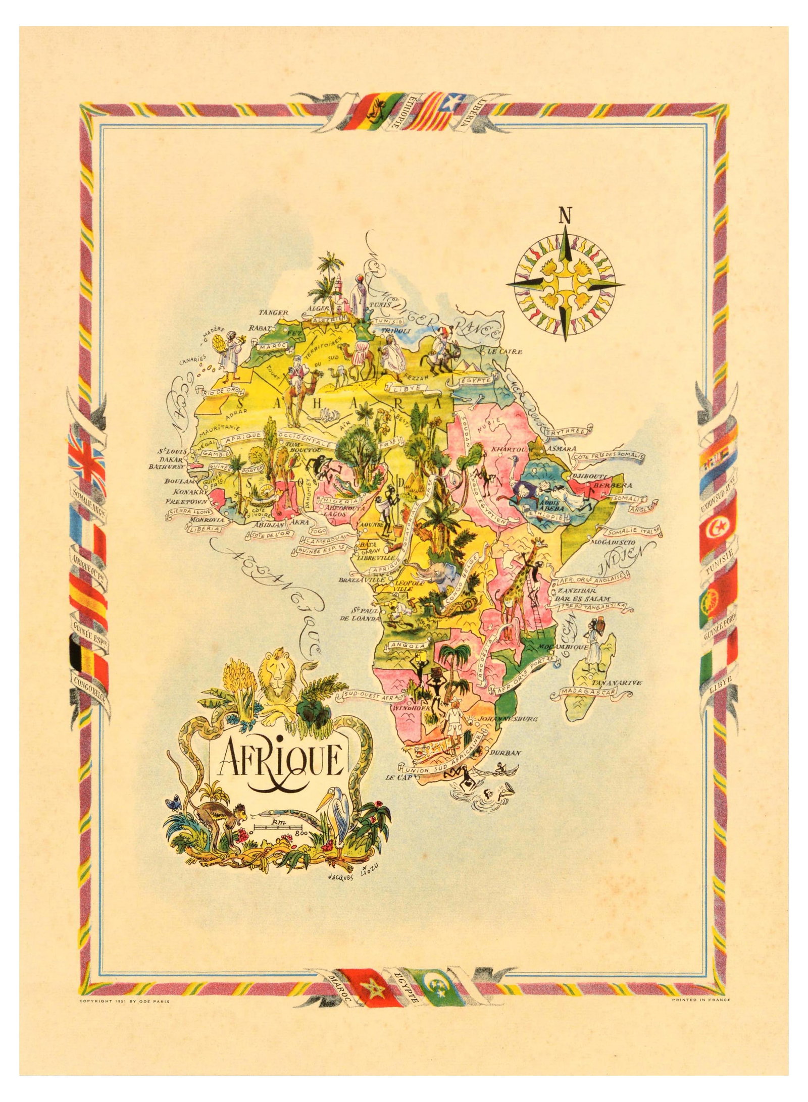 Travel Poster Afrique Africa Illustrated Map Jacques Liozu: Original vintage pictorial map poster by French cartographer, painter, and illustrator Jacques Liozu (1910-1974) - Design features a map of Africa / Afrique with illustrations of people, animals plant