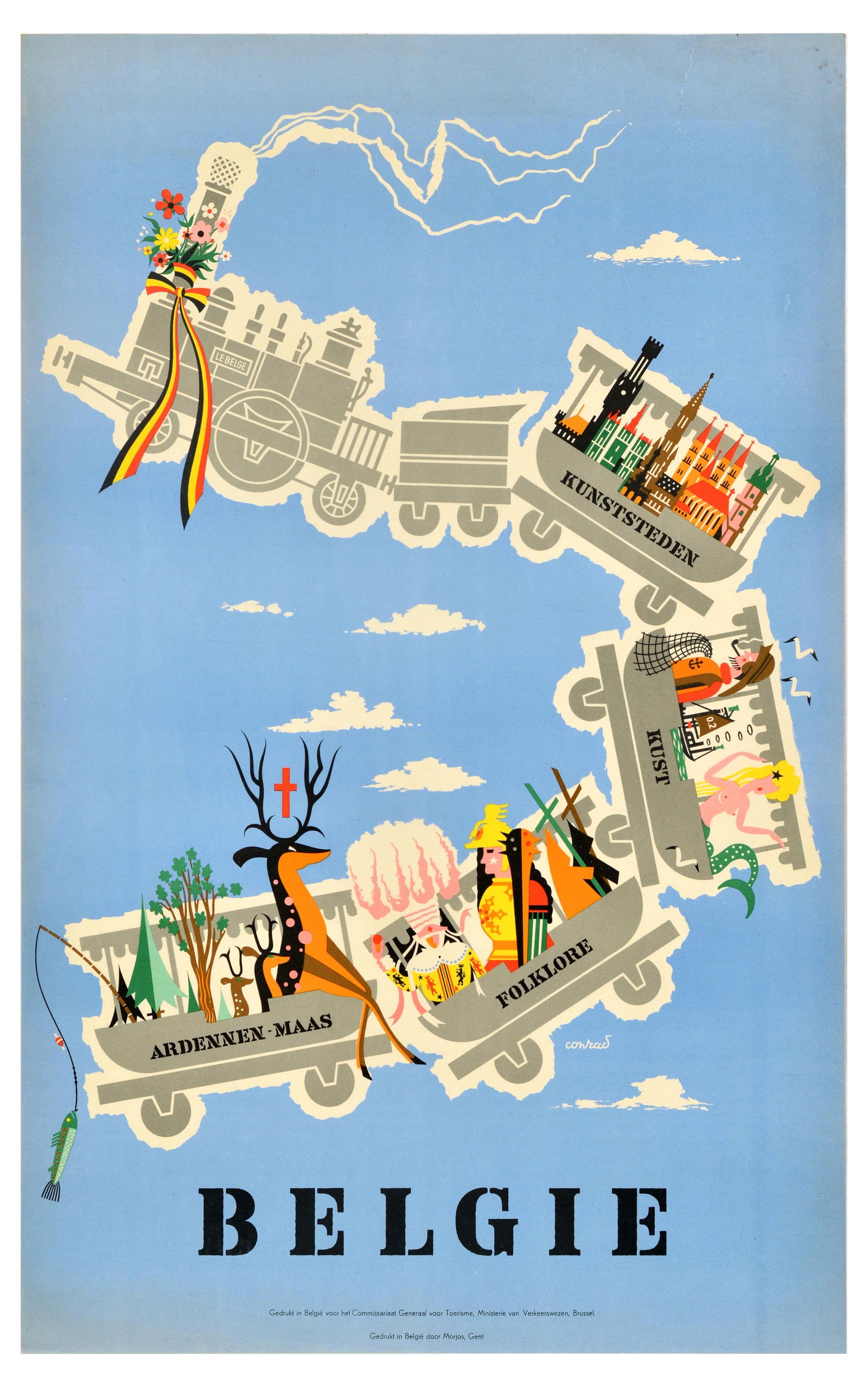 Travel Poster Belgie Belgium Ardennes Meuse Folklore Coast Art Cities: Original vintage travel poster for Belgium / Belgie, featuring an illustration of a train with a wreath and Belgian flag on the locomotive, and wail wagons carrying the cities, art, folklore, and Arde