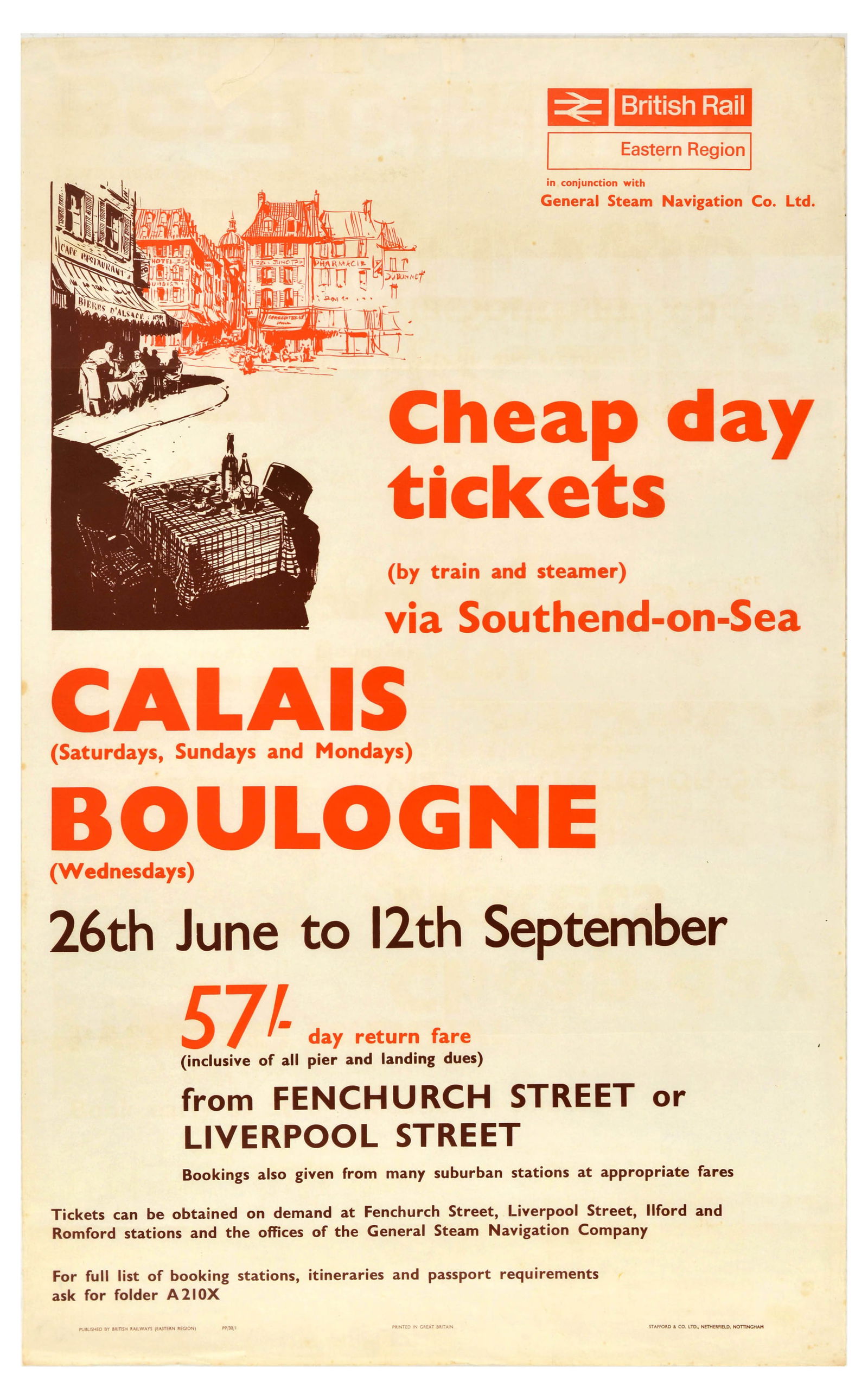 Travel Poster British Rail Calais Boulogne France Eastern Region: Original vintage train travel poster by British Railways Eastern Region in conjunction with General Steam Navigation advertising Cheap day tickets (by train and steamer) via Southend-on-Sea to Calais