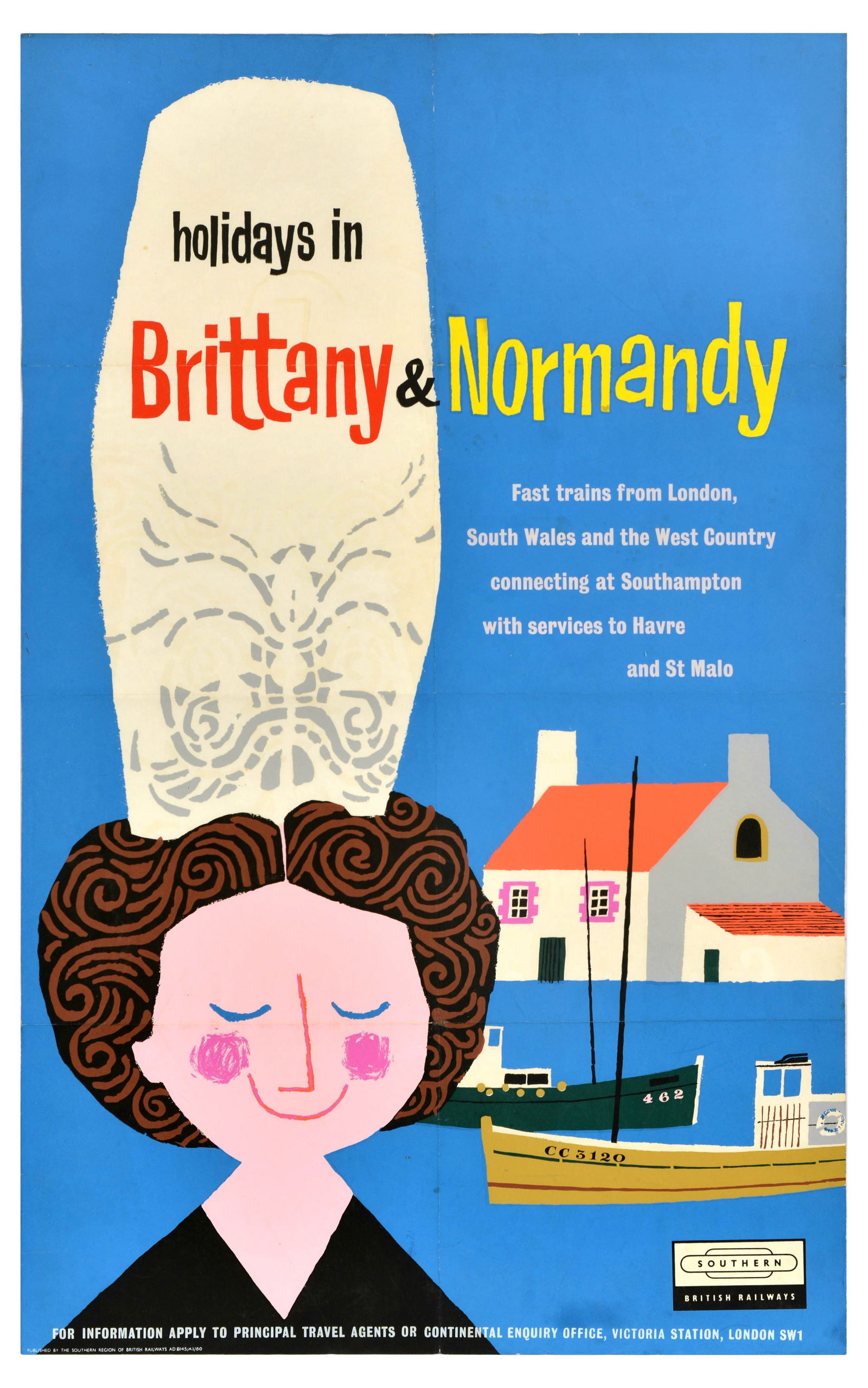 Travel Poster Brittany Normandy Midcentury Modern British Railways: Original vintage silkscreen printed poster by British Railways Southern Region advertising Holidays in Brittany and Normandy, France. Fast trains from London, South Wales and the West Country connecti
