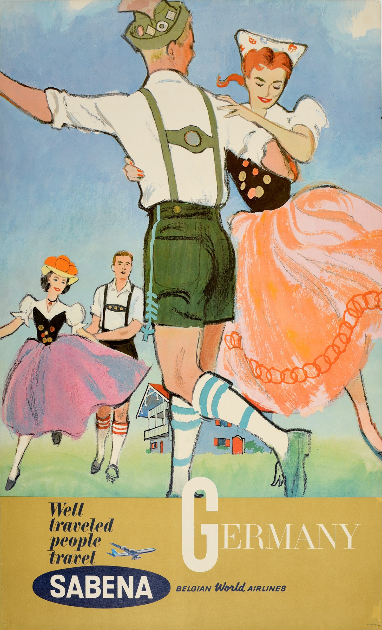 Travel Poster Germany Sabena Well Travelled People Travel: Original vintage travel poster for Germany - Well Traveled People Travel Sabena Belgian World Airlines - featuring two smiling couples in traditional German dress dancing on the grass in front of a ch
