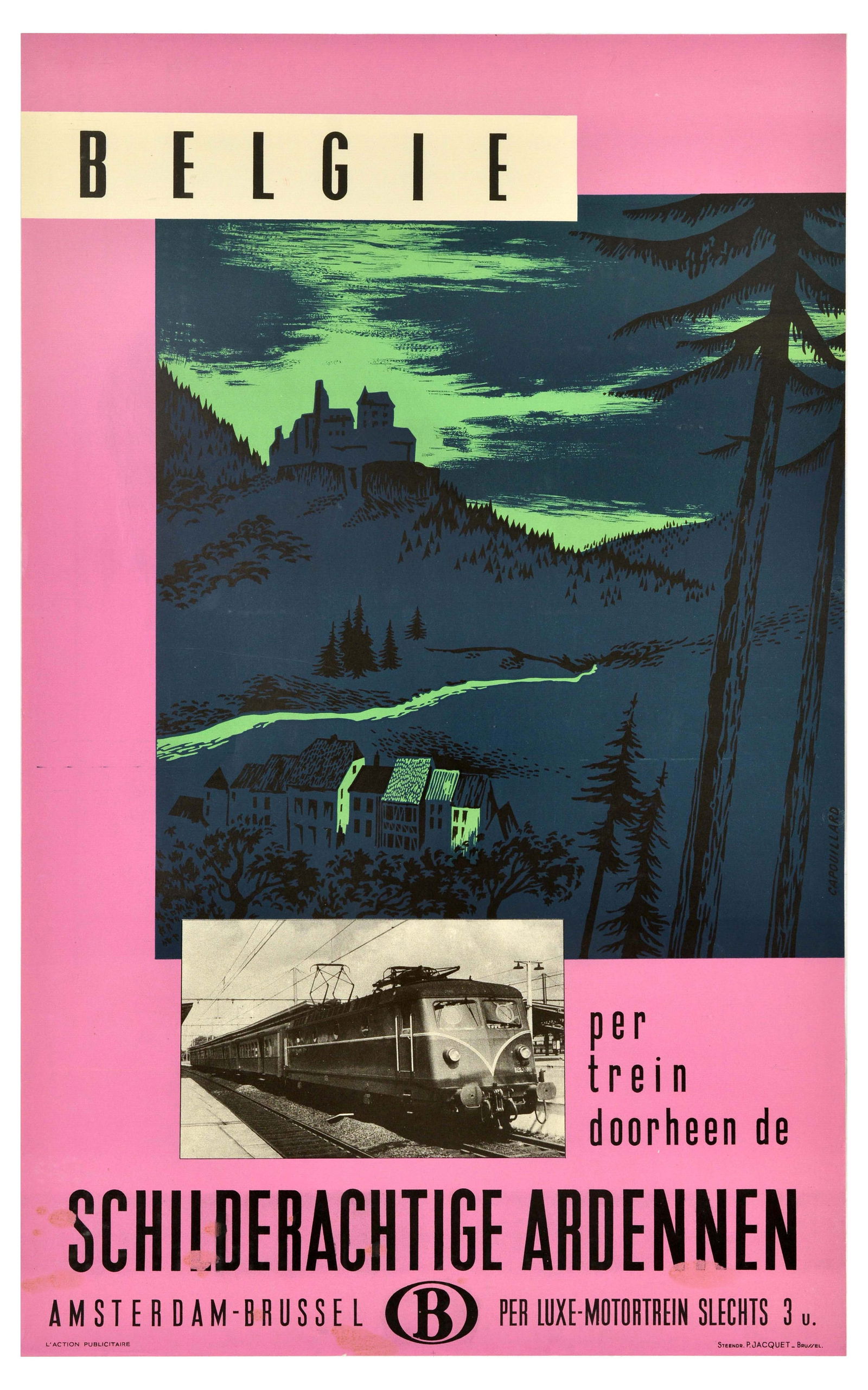 Travel Poster Belgium Ardennes Belgie Ardenne: Original vintage train travel poster for Belgium / Belgie - by train through picturesque Ardennes / per trein doorheen de schilderachtige Ardennen - featuring an illustration of a castle on the hill i