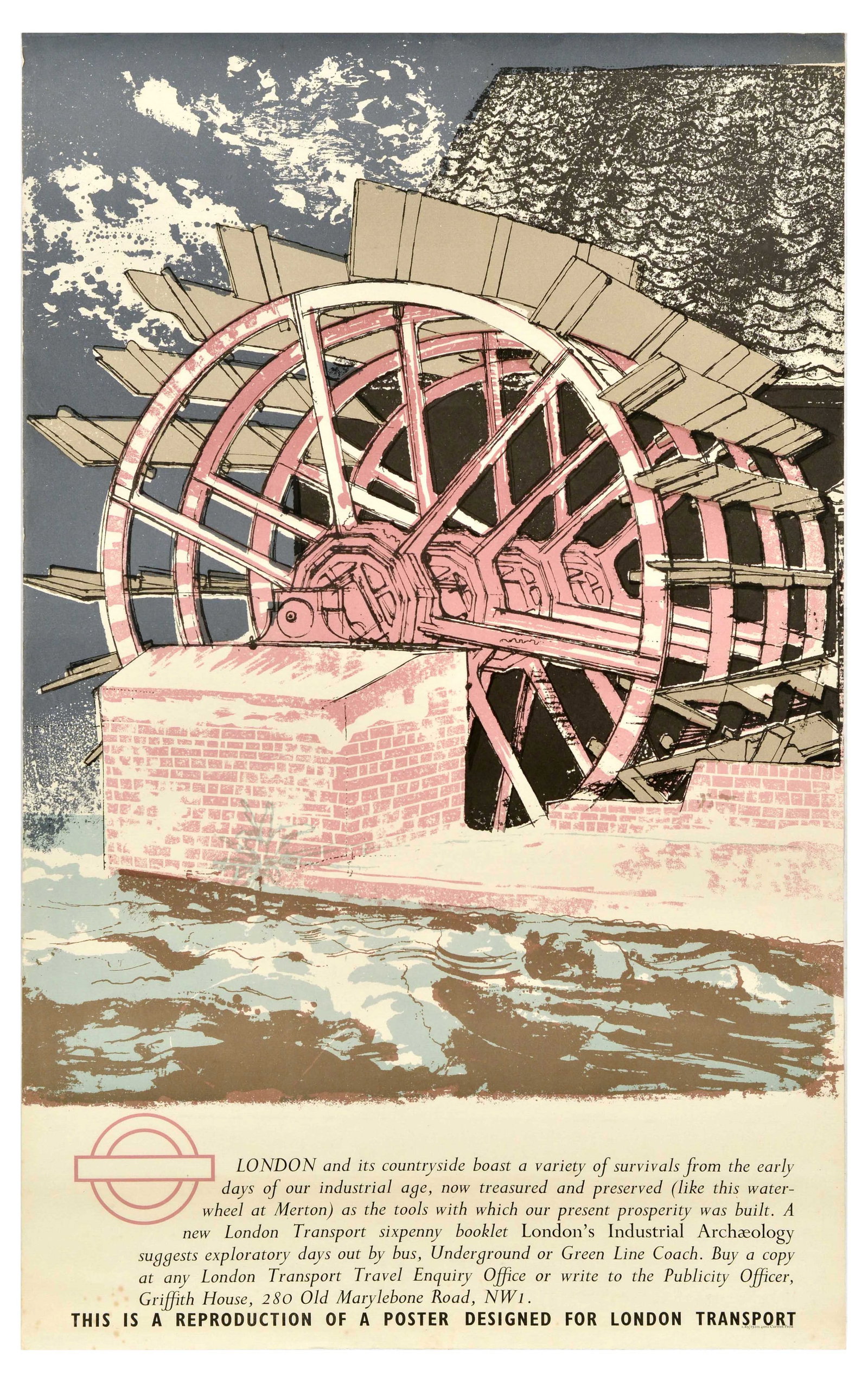 Travel Poster London Underground Countryside Transport Merton Watermill: Vintage official London Transport reissue offset lithograph poster that was printed for sale to the public at the same time and with the same printing process as the original poster. Merton waterwheel