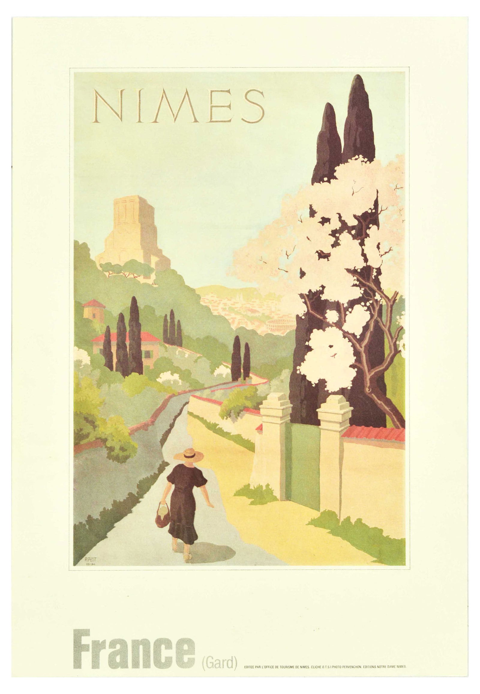Travel Poster Nimes France Gard French Rome Tourism: Original vintage travel advertising poster for Nimes, France (Gard), featuring a great illustration of a lady in a black dress and woven hat walking down the road among blooming white trees, cypresses