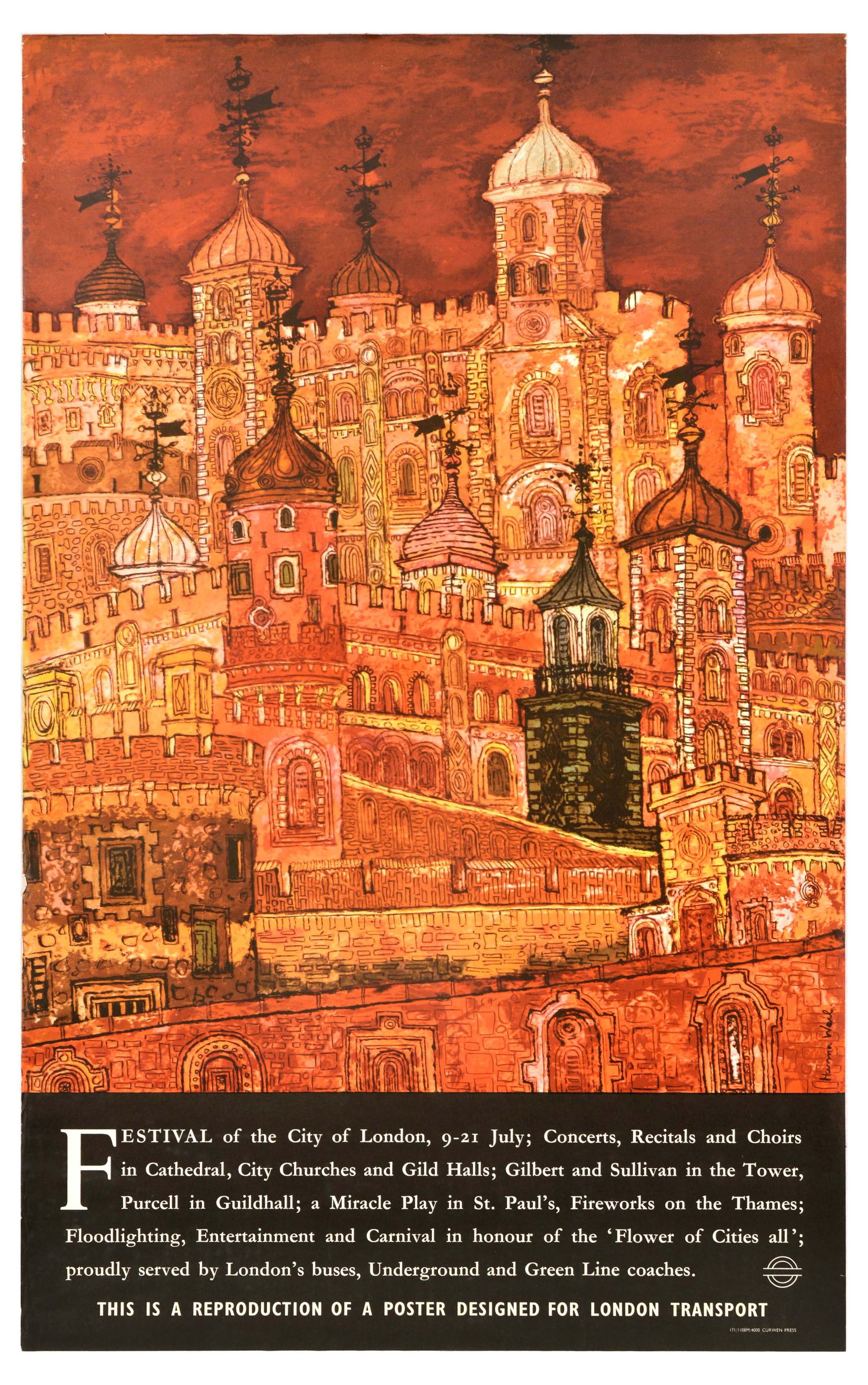 Travel Poster Festival City Of London Underground Hanna Weil: Vintage official London Transport reissue offset lithograph poster that was printed for sale to the public at the same time and with the same printing process as the original poster. Festival of the C
