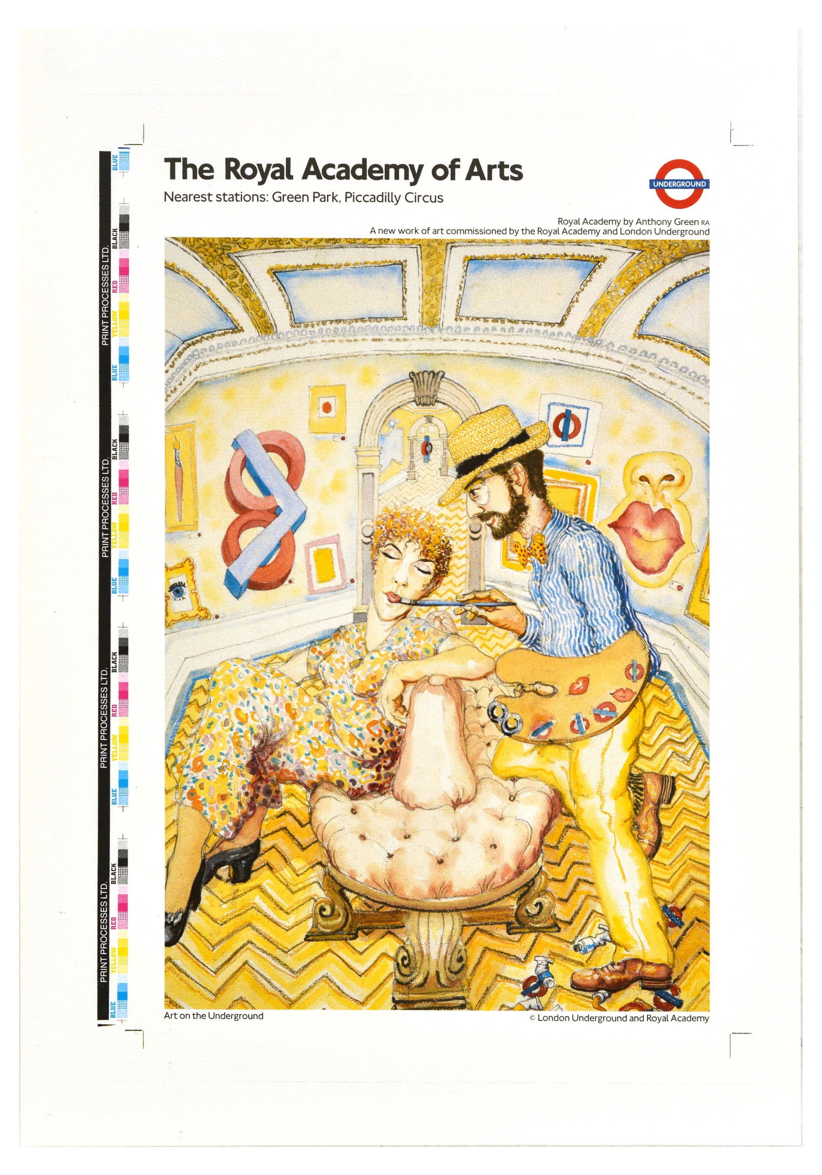 London Underground Poster LT Royal Academy Of Arts Anthony Green: Rare original vintage printer's proof of a London Underground poster - The Royal Academy of Arts nearest stations Green Park, Piccadilly Circus - featuring an abstract design of a painter holding an a