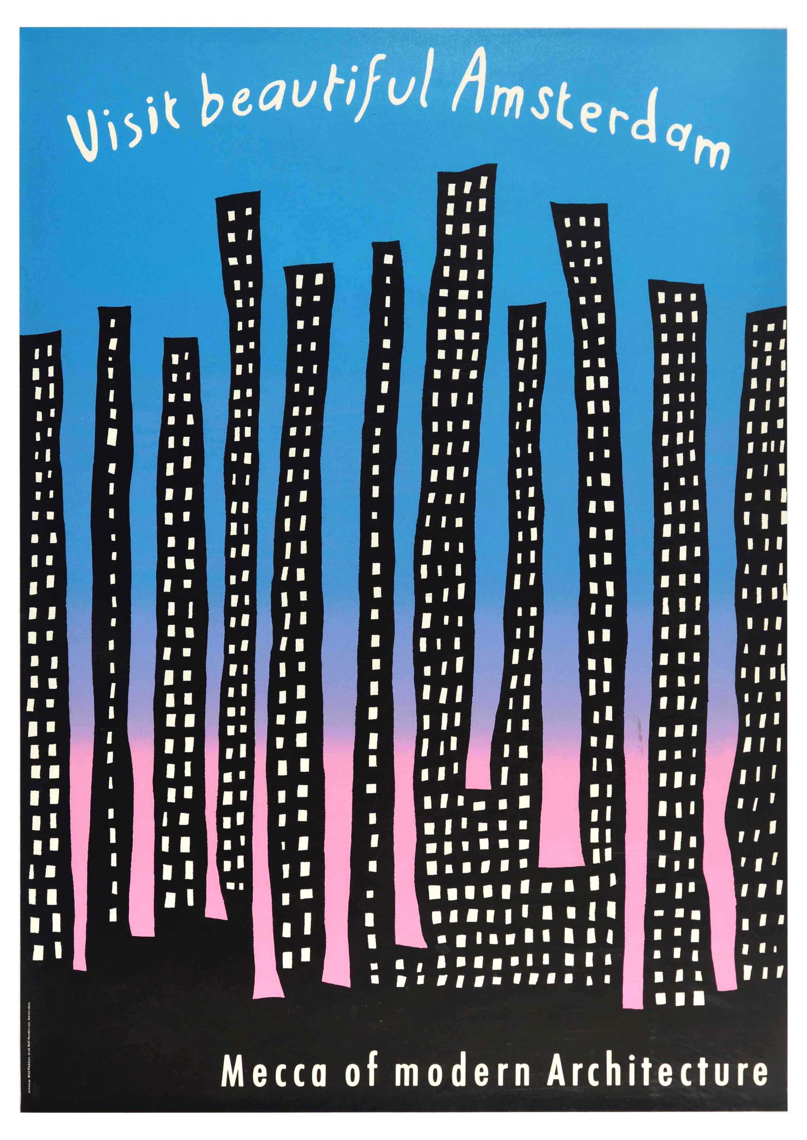 Travel Poster Visit Beautiful Amsterdam Mecca Architecture: Travel Poster Visit Beautiful Amsterdam Mecca Architecture. Original vintage travel poster - Visit beautiful Amsterdam - Mecca of modern Architecture - featuring an illustration of tall black building