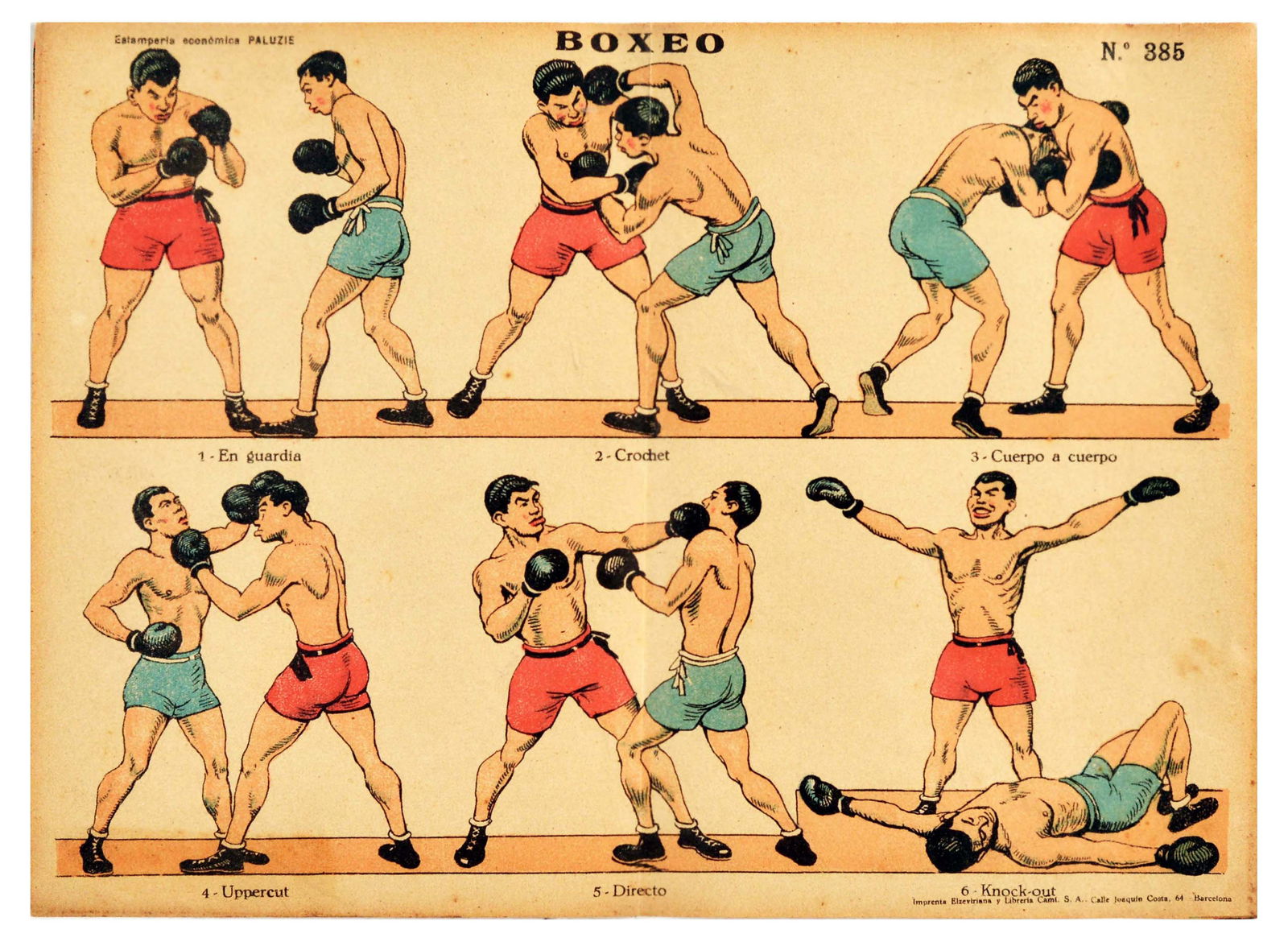 Sport Poster Boxeo Boxing Punching Gym Athlete: Original vintage sport poster Boxeo / Boxing - Design features images of different stances and punches including On guard, Crochet, Body, Uppercut, Direct and finishing with a knock-out. Printed in Ba