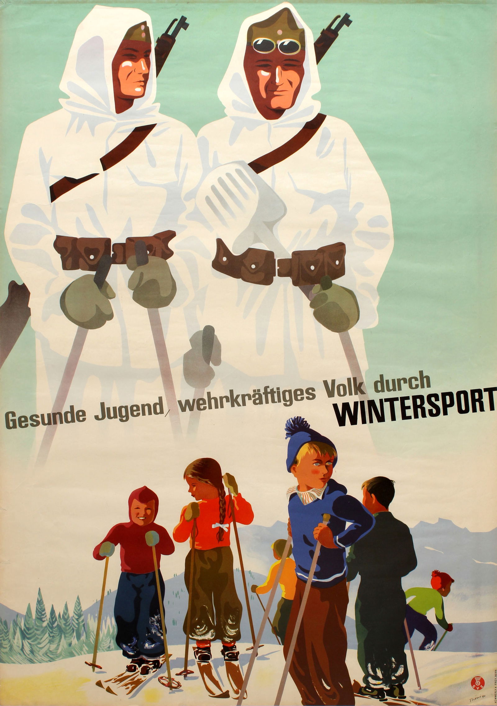 Swiss Army Ski Poster Youth Winter Sport Skiing Switzerland: Sport Poster Youth Winter Sport Ski Skiing Switzerland. Original vintage skiing and winter sport propaganda poster: Healthy Youth Resilient People through Winter Sport / Gesunde Jugend Wehrkraftiges V