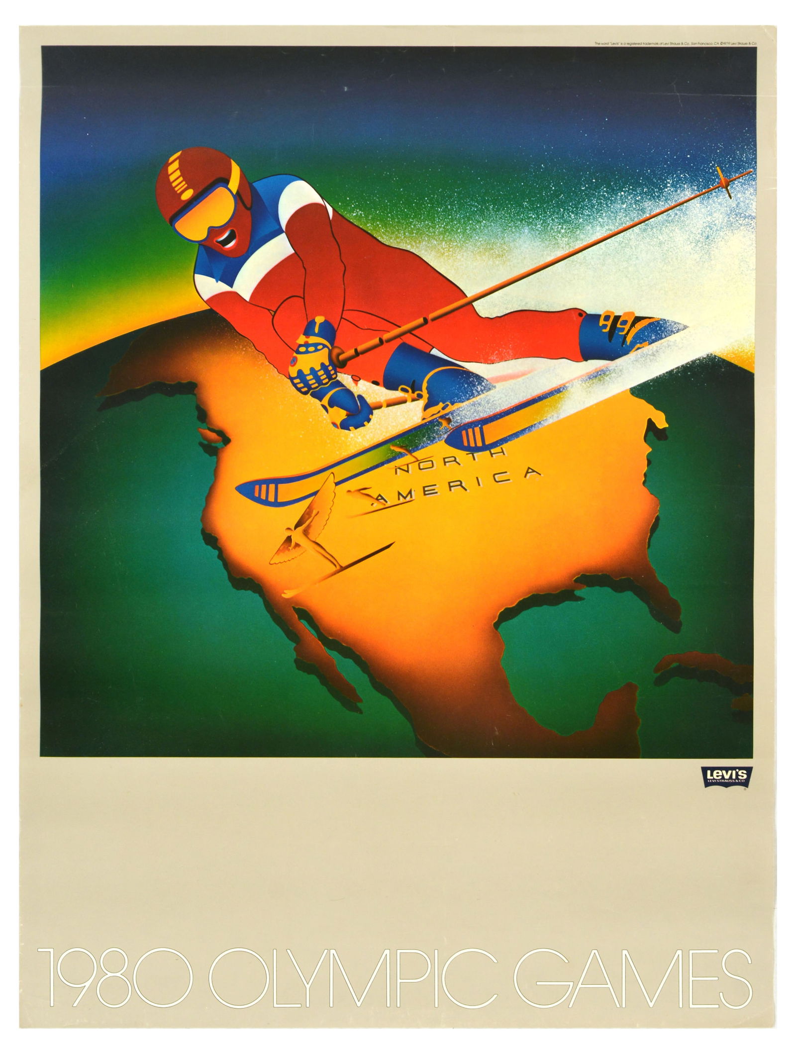 Sport Poster Levis Moscow Olympics North America Ski: Original vintage sport poster published by the Levi Strauss clothing brand (founded 1853) for the 1980 Moscow Olympic Games featuring dynamic artwork depicting a skier in red, white and blue skiing at