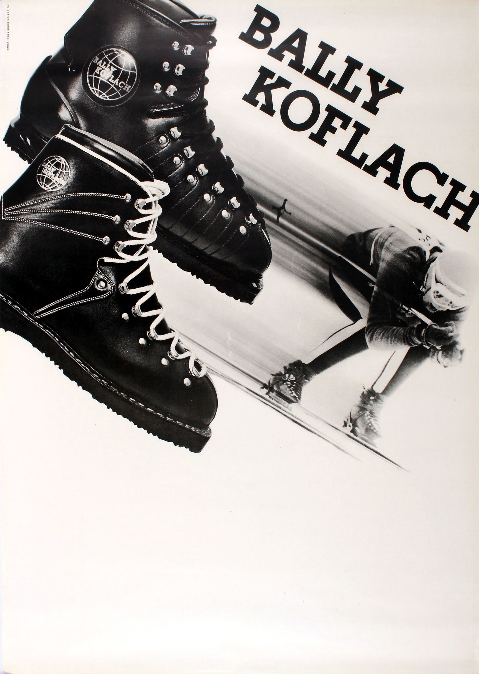 Ski Poster Bally Koflach Winter Sport Switzerland: Ski Poster Bally Koflach Winter Sport Switzerland. Original vintage advertising poster for Bally Koflach ski boots featuring a black and white photomontage of two different Bally Koflach ski boot mode