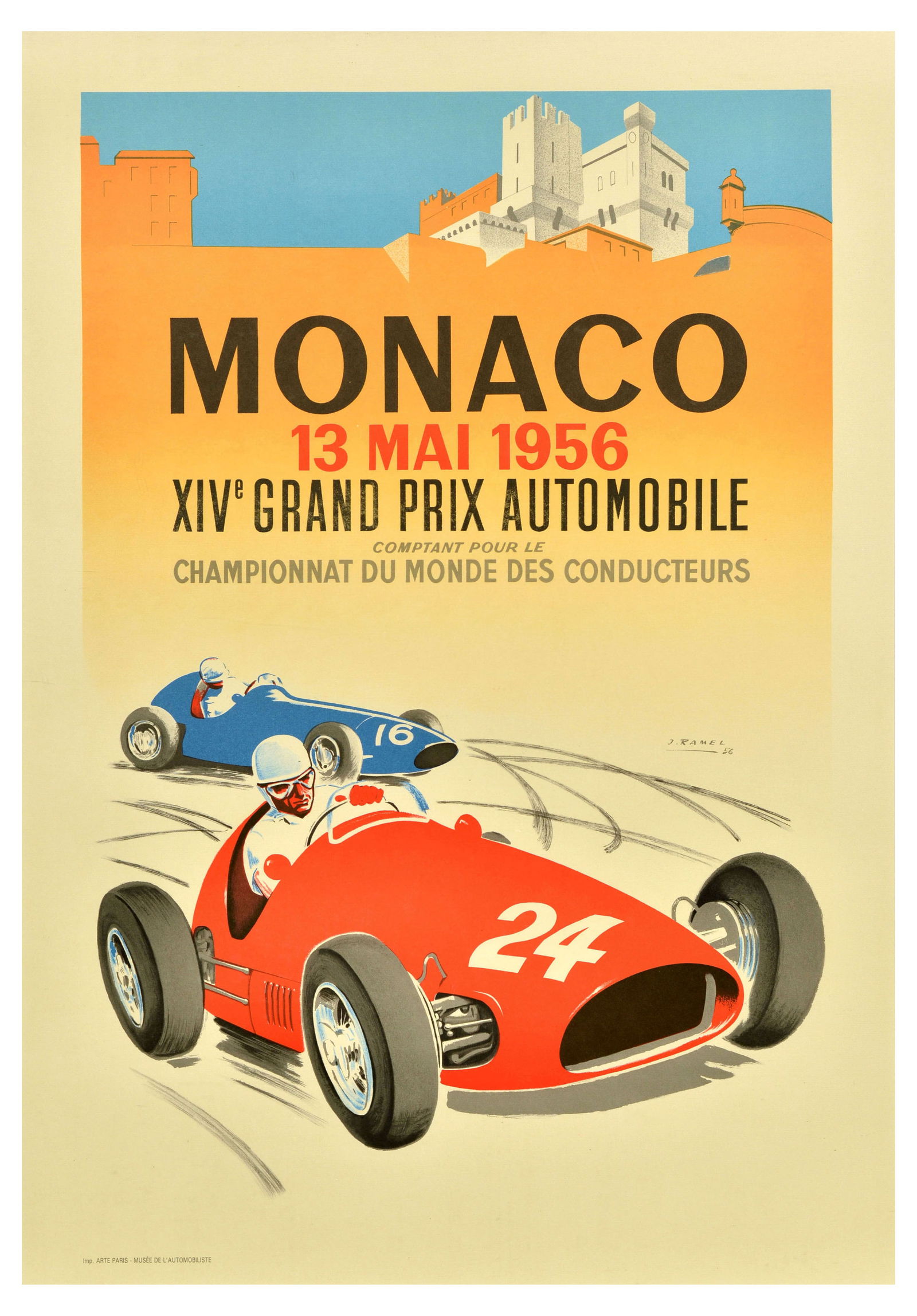 Sport Poster Monaco 1956 France Grand Prix Formula One Ramel: Vintage lithograph reproduction poster for the 1956 Monaco Grand Prix which took place on 13 May - Bold midcentury design by Jacques Ramel (1913-1999) features a red and blue car racing alongside each