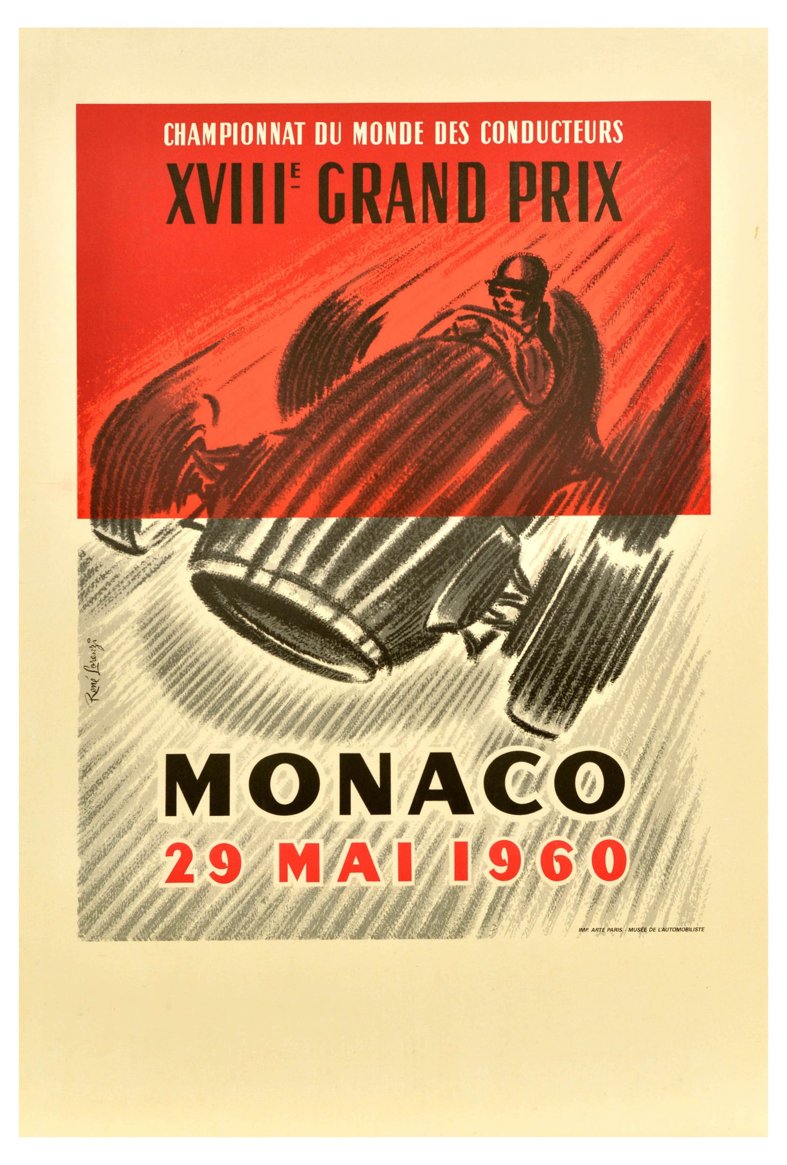 Sport Poster Monaco 1960 France Grand Prix Formula One: Vintage lithograph reproduction poster for the 1960 Monaco VIII Grand Prix which took place on 29 May - Bold design by Rene Lorenzi features a car racing down the road with speed lines. Black illustra