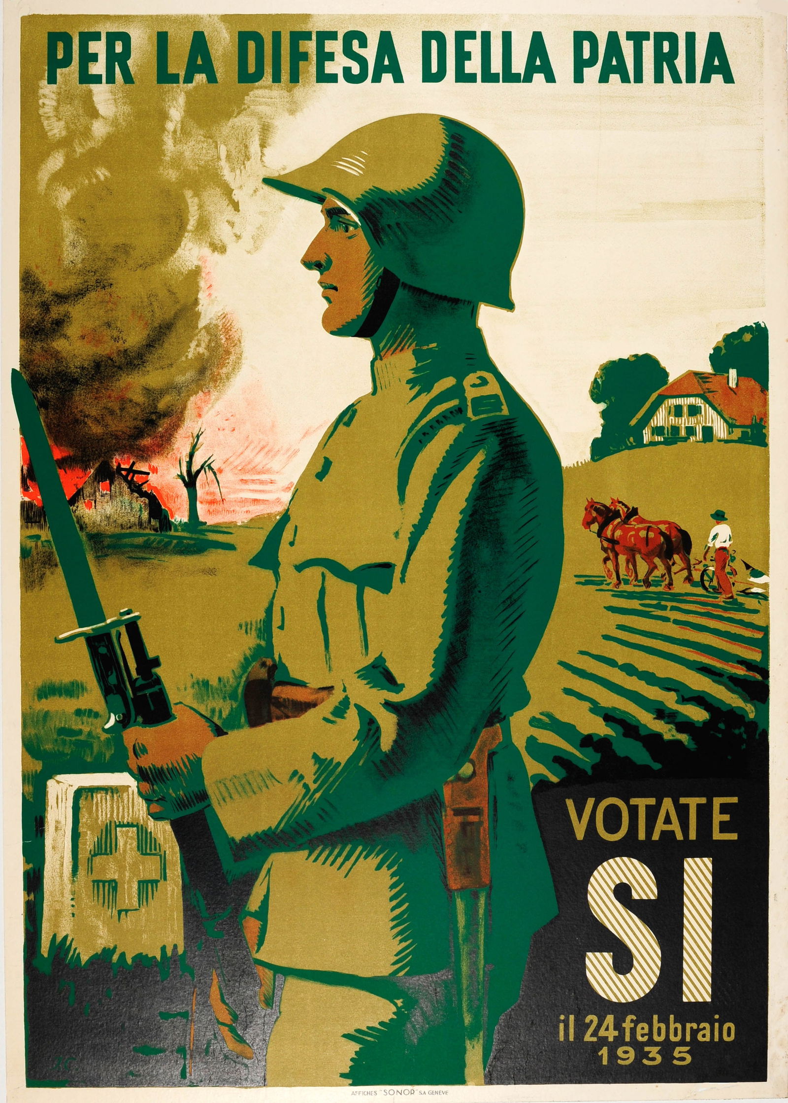 Swiss Army Poster Defence of the Homeland Switzerland: Propaganda Poster Defence of the Homeland Switzerland. Original vintage propaganda poster in Italian: For the Defence of the Homeland ? Vote Yes - 24 February 1935 / Per la difesa della Patria - Votat
