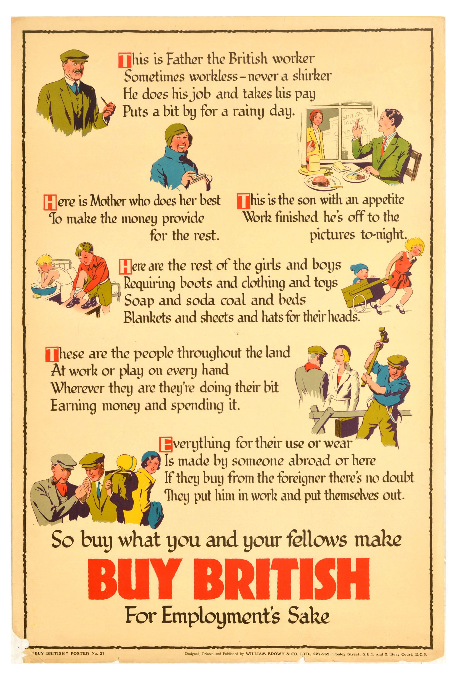 Propaganda Poster Buy British For Employment British Empire: Original vintage poster issued to encourage British citizens to help their own economy, featuring illustrations of various members of a British working-class family and community, illustrating the ide