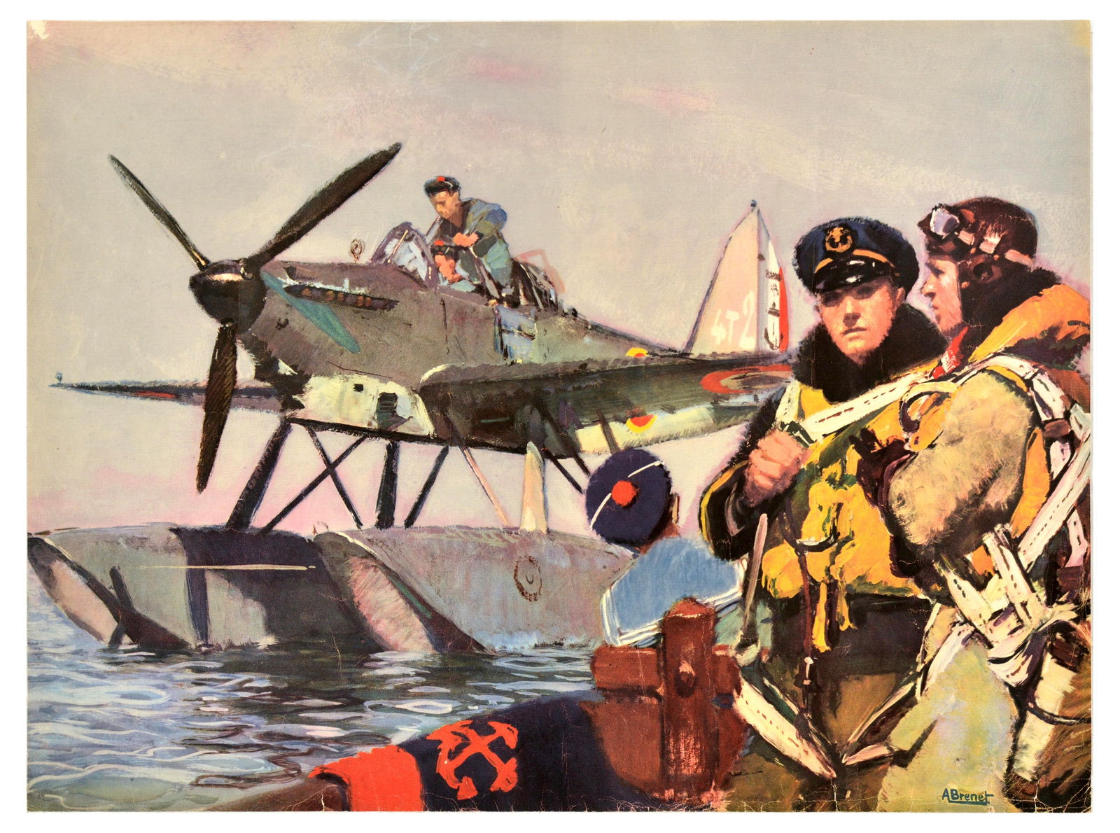 Propaganda Poster French Navy Pilots Seaplane Aeromaritime Brenet: Original vintage French poster featuring artwork by Albert Brenet (1903-2005) depicting a sailor getting a seaplane ready, and pilots in the foreground. Horizontal. Good condition, creasing, tears, pa