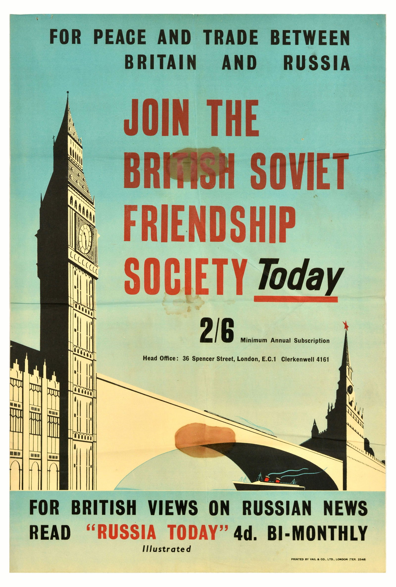 Propaganda Poster Join British Soviet Friendship Society Peace Trade Russia: Original vintage propaganda poster For peace and trade between Britain and Russia Join the British Soviet Friendship Society Today, featuring an image of the Big Ben tower from the Houses of Parliamen