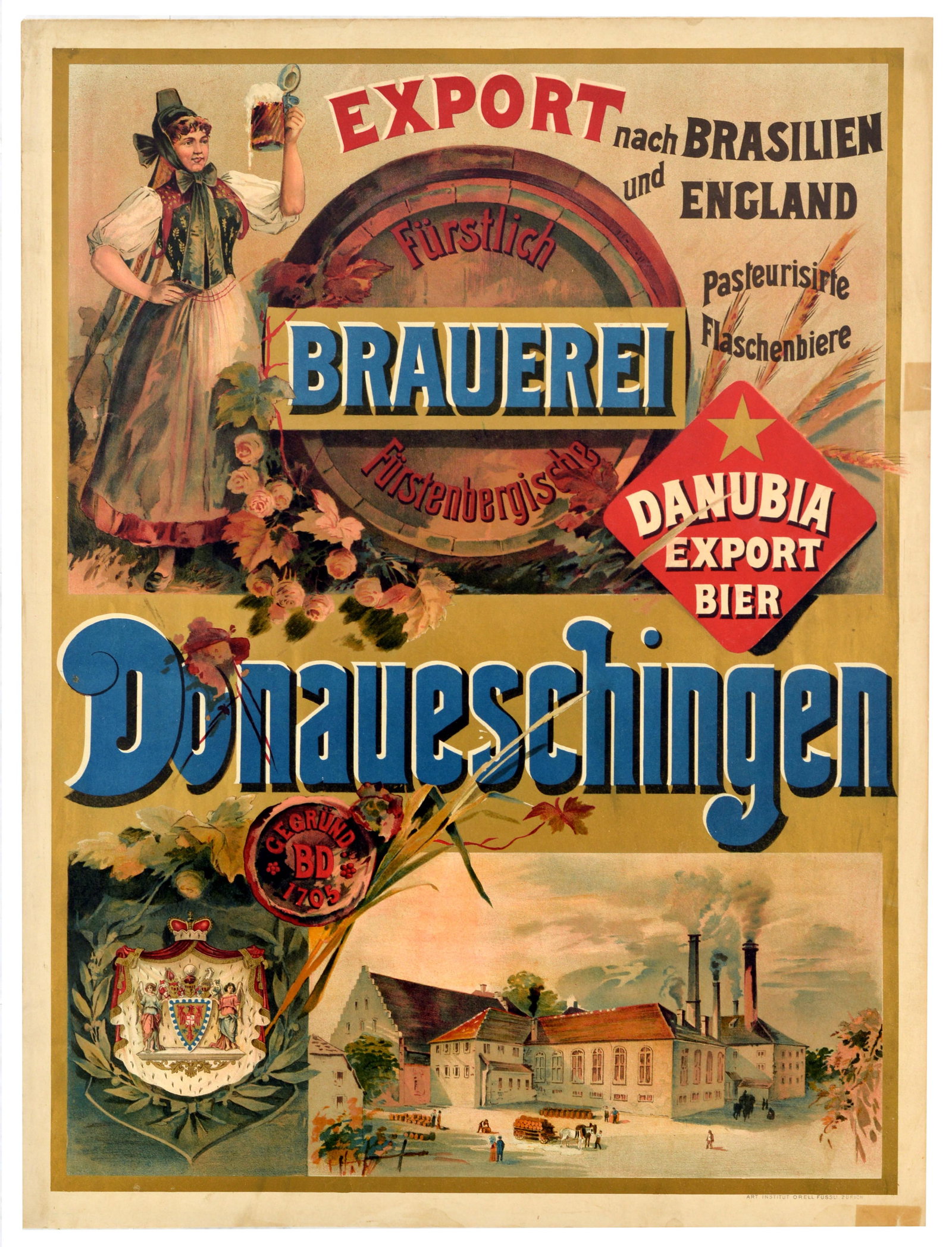 Advertising Poster Furstenberg Brewery Danubia Beer Pilsener: Original antique drink advertising poster for the Furstenberg Brewery / Furstlich Furstenbergische Brauerei in Donaueschingen, Germany. This remarkably detailed Belle Epoque lithograph from the late 1