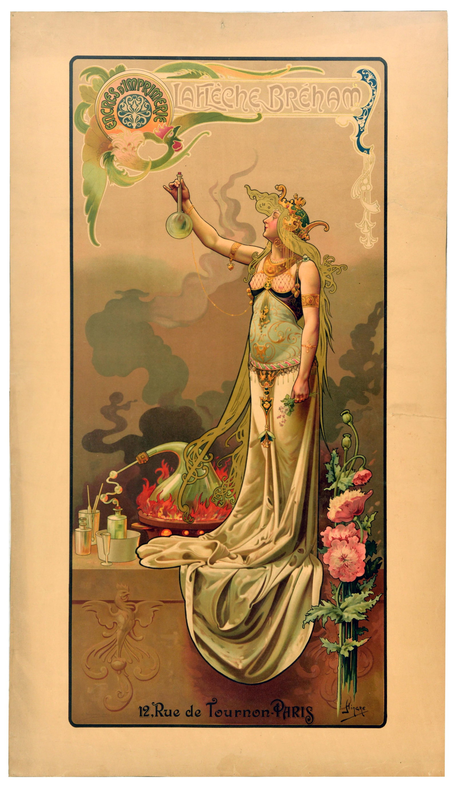Advertising Poster La Fleche Breham Hingre Art Nouveau: Original antique advertising poster, designed by the French artist Louis-Theophile Hingre (1832-1911) is a masterful example of the Art Nouveau style. Created for the Parisian printing ink manufacture