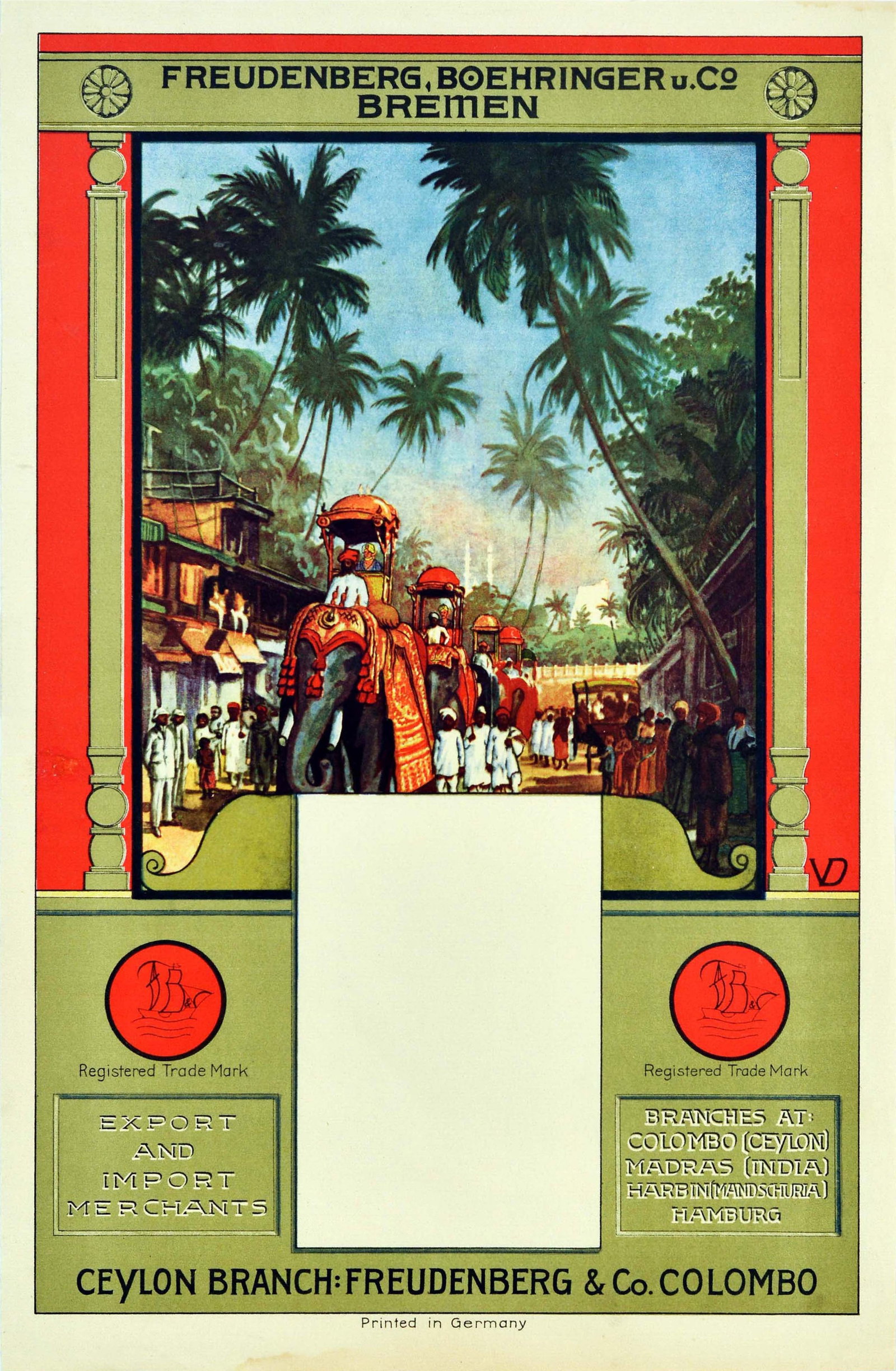 Advertising Poster Freudenberg Boehringer Merchants Ceylon Elephants (1 of 1)