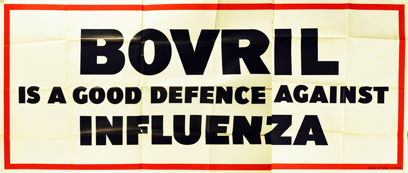 Advertising Poster Bovril Beef Hot Drink Defense Against Influenza: Original vintage food advertising poster for Bovril - Bovril is a good defence against influenza - featuring bold black lettering on a white background in a red frame border. Printed in Britain in the
